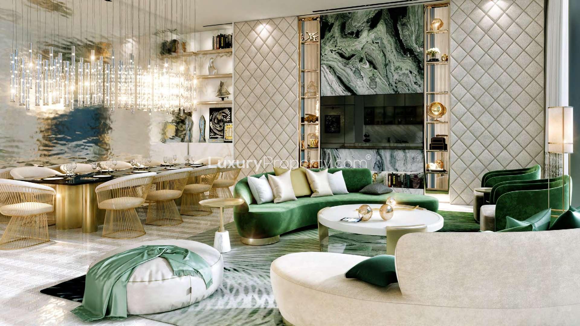 Luxurious apartment towers at Safa One, Business Bay, featuring modern architecture and greenery