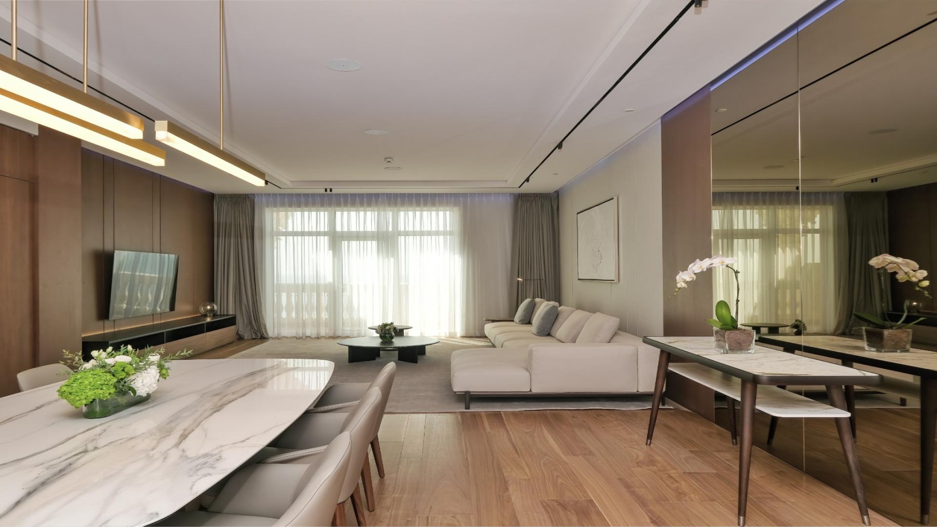 Luxurious living room in 3-bedroom apartment at Raffles Residences, Palm Jumeirah, for sale