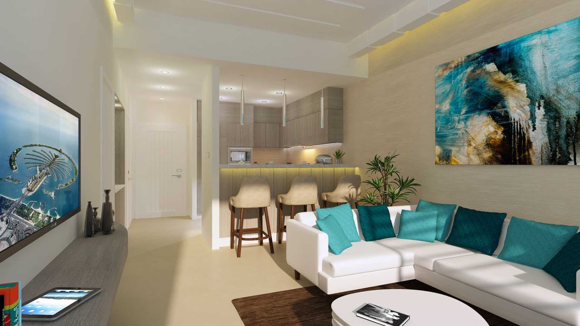 "Modern three-bedroom apartment building in Se7en City JLT, Jumeirah Lake Towers skyline view.",Modern living room in Se7en City JLT apartment, featuring stylish decor and open kitchen