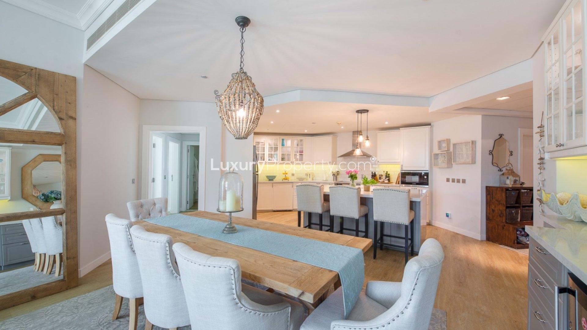 Luxurious living room in upgraded 3-bedroom Shoreline apartment, Palm Jumeirah, for sale