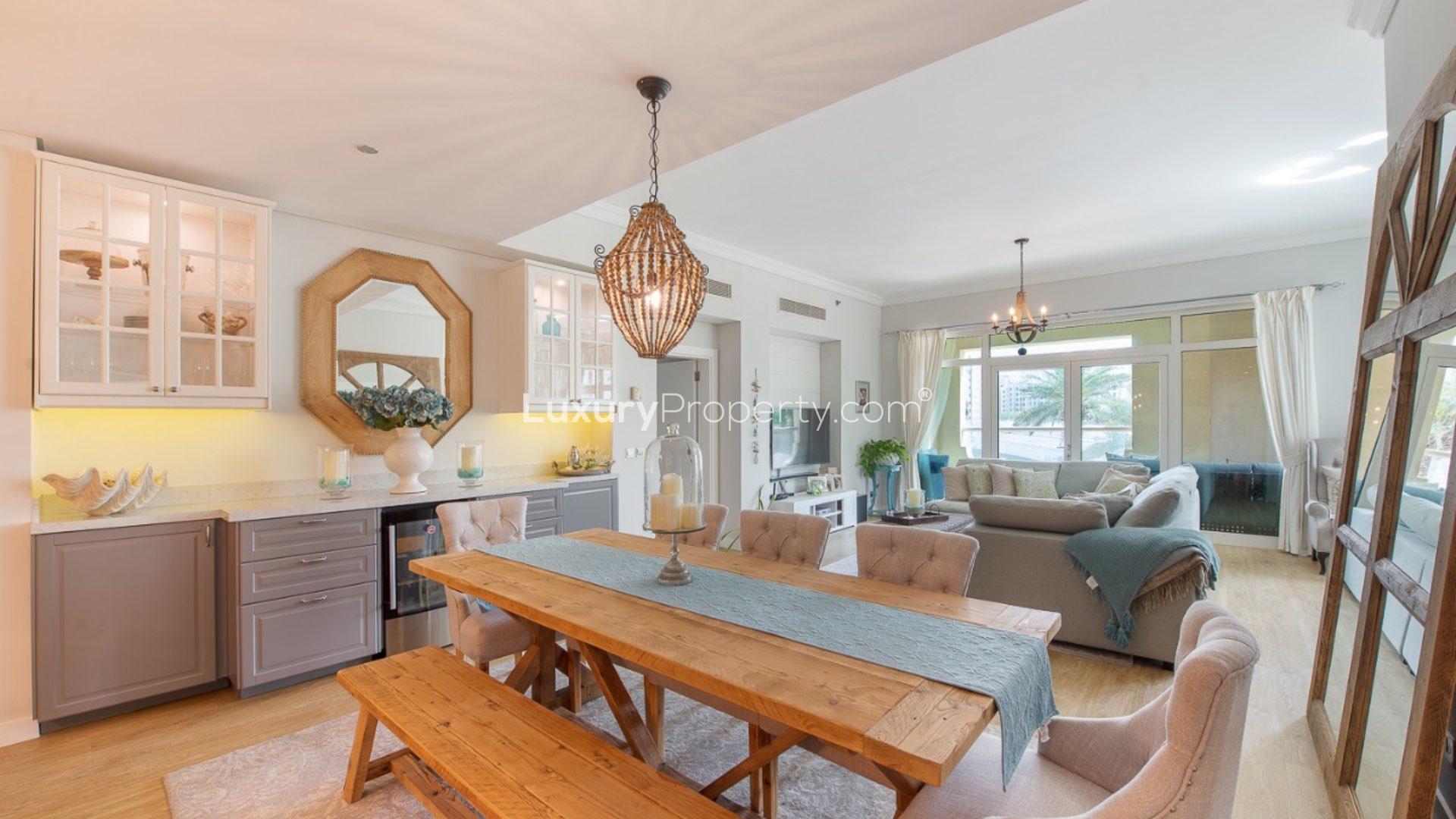 Modern kitchen in upgraded Shoreline apartment, Palm Jumeirah, featuring elegant design and appliances