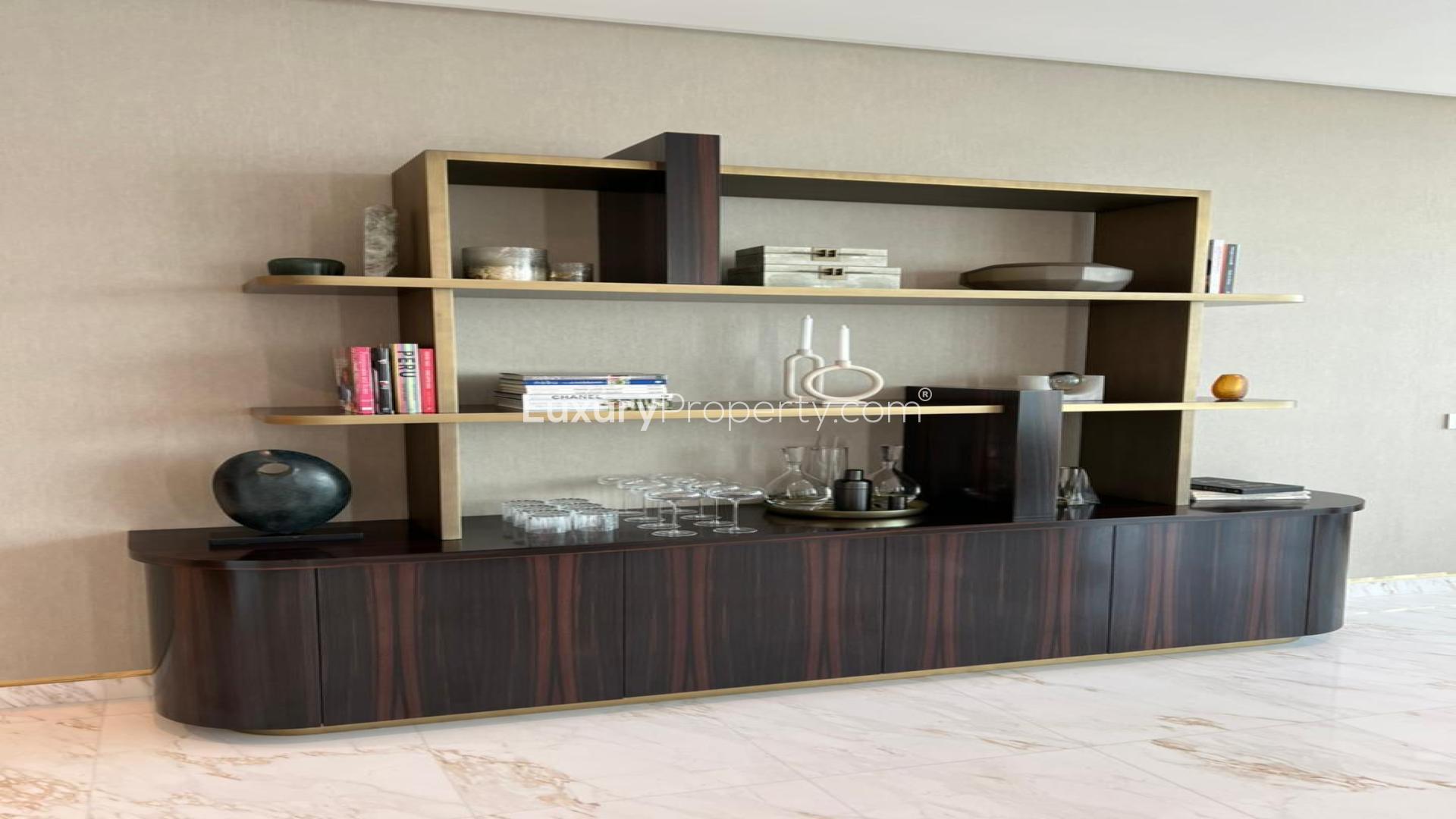 Luxurious living room in Palm Jumeirah apartment, featuring panoramic sea views and modern design