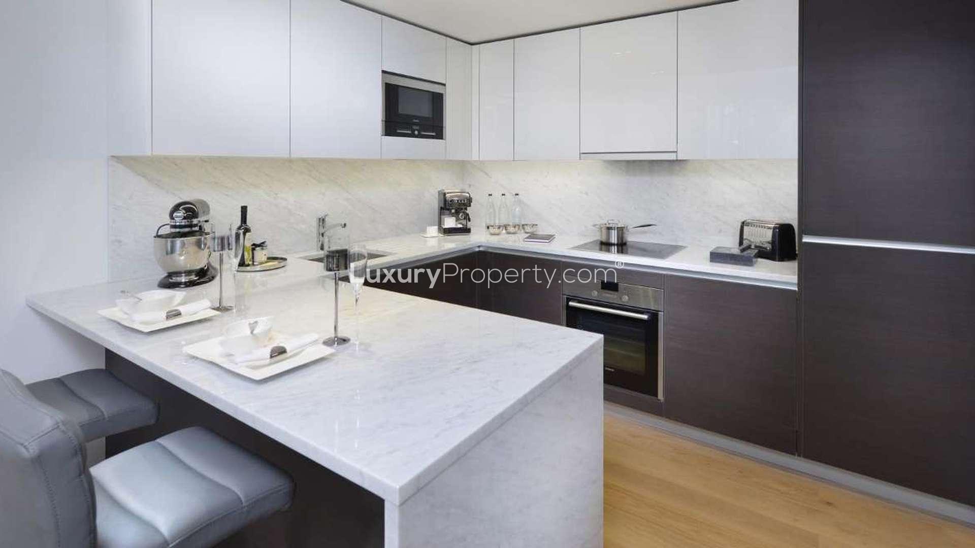 Luxurious living room in three-bedroom apartment, Sovereign Court, Hammersmith, London