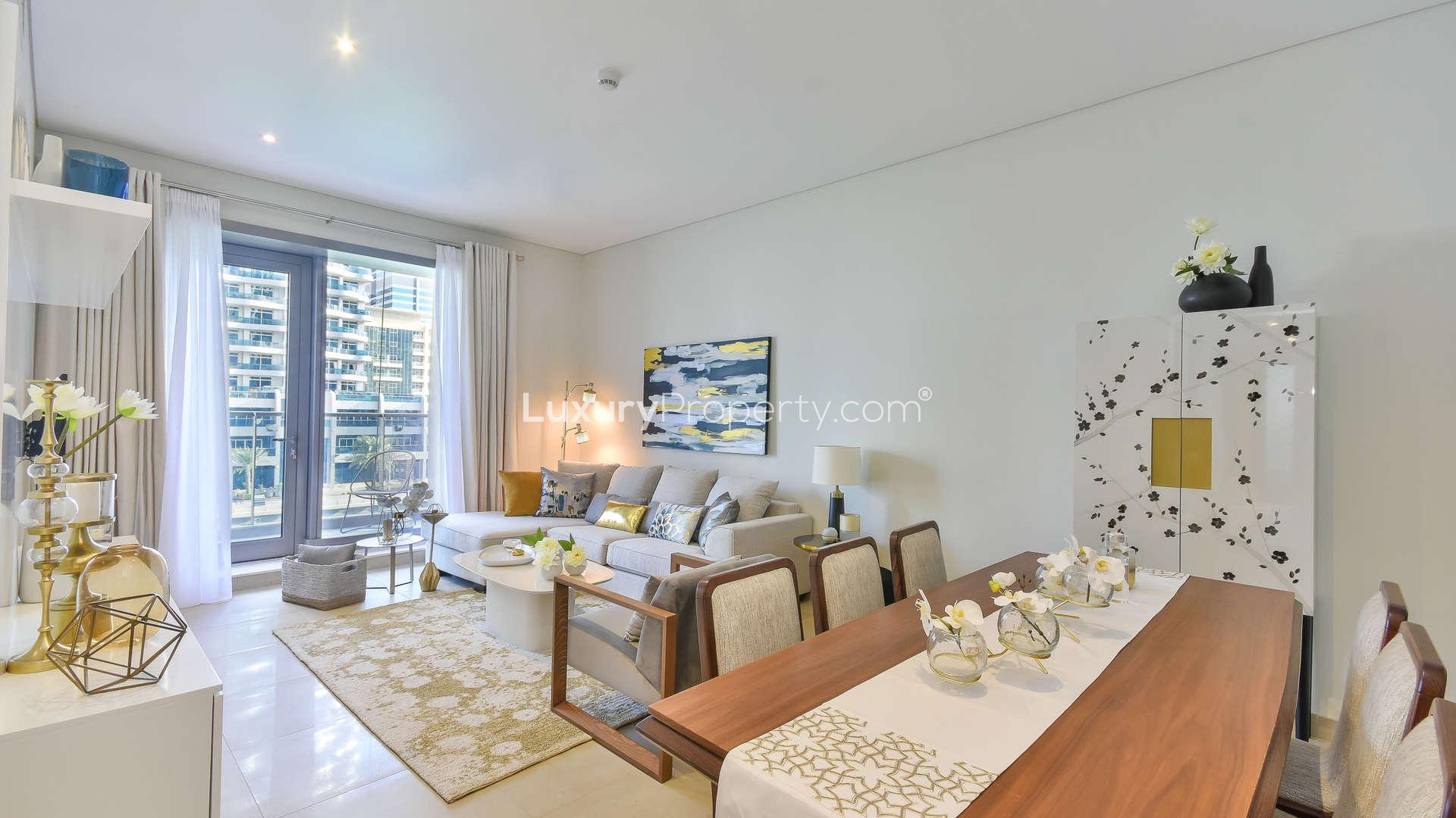 Luxurious living and dining area in 3-bedroom apartment, Sparkle Towers, Dubai Marina