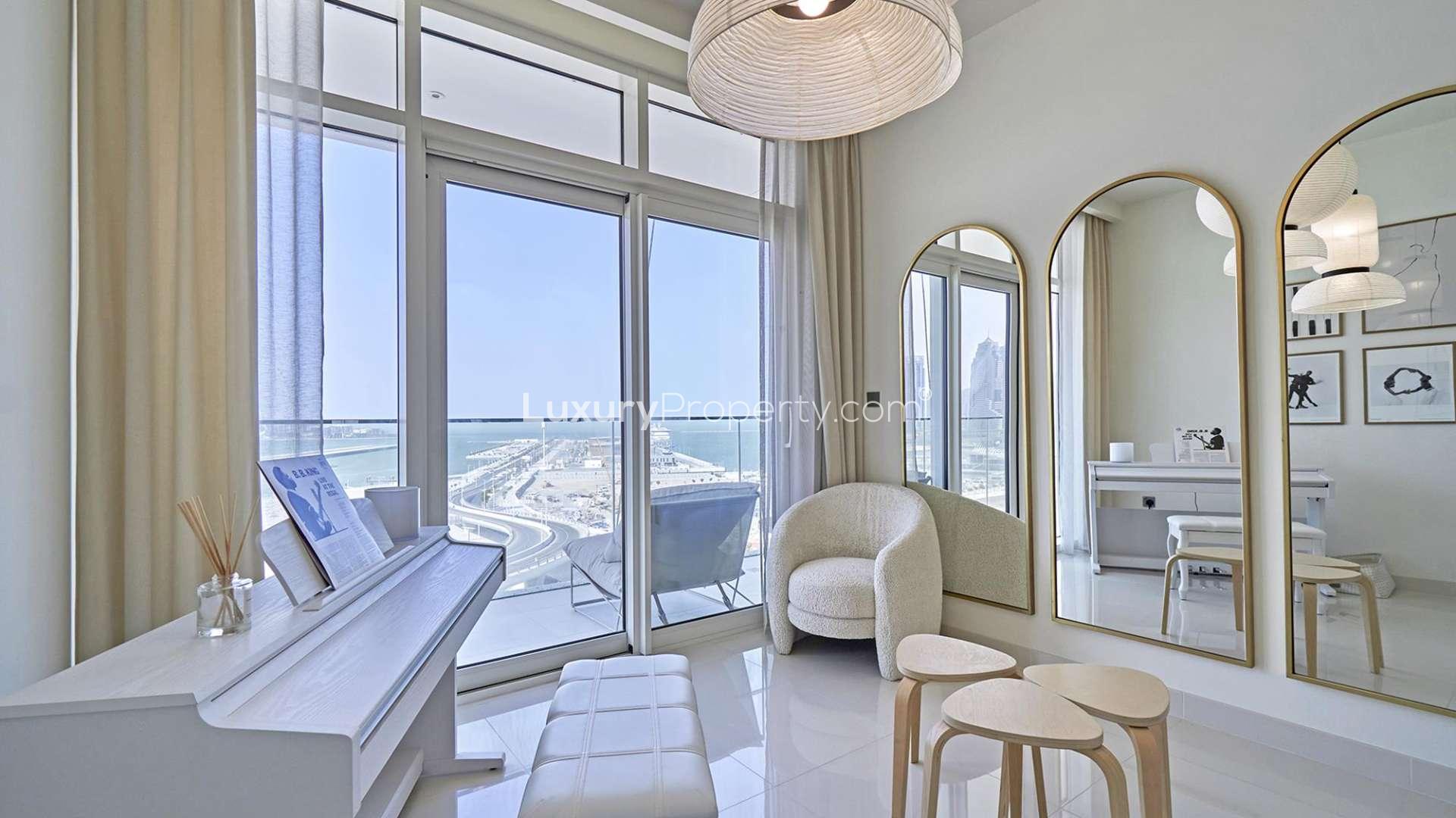 Glamorous beachfront apartment view, Dubai Harbour skyline and marina, Emaar Beachfront, for sale