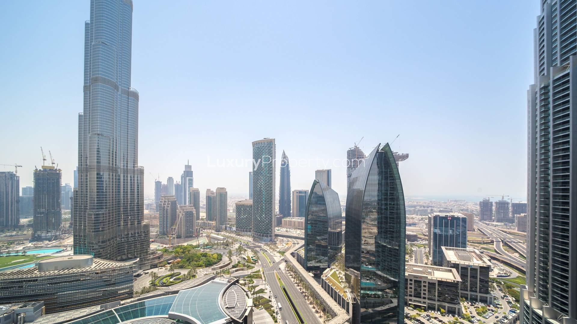 Balcony view of Downtown Dubai skyline from luxury apartment at The Address Dubai Mall