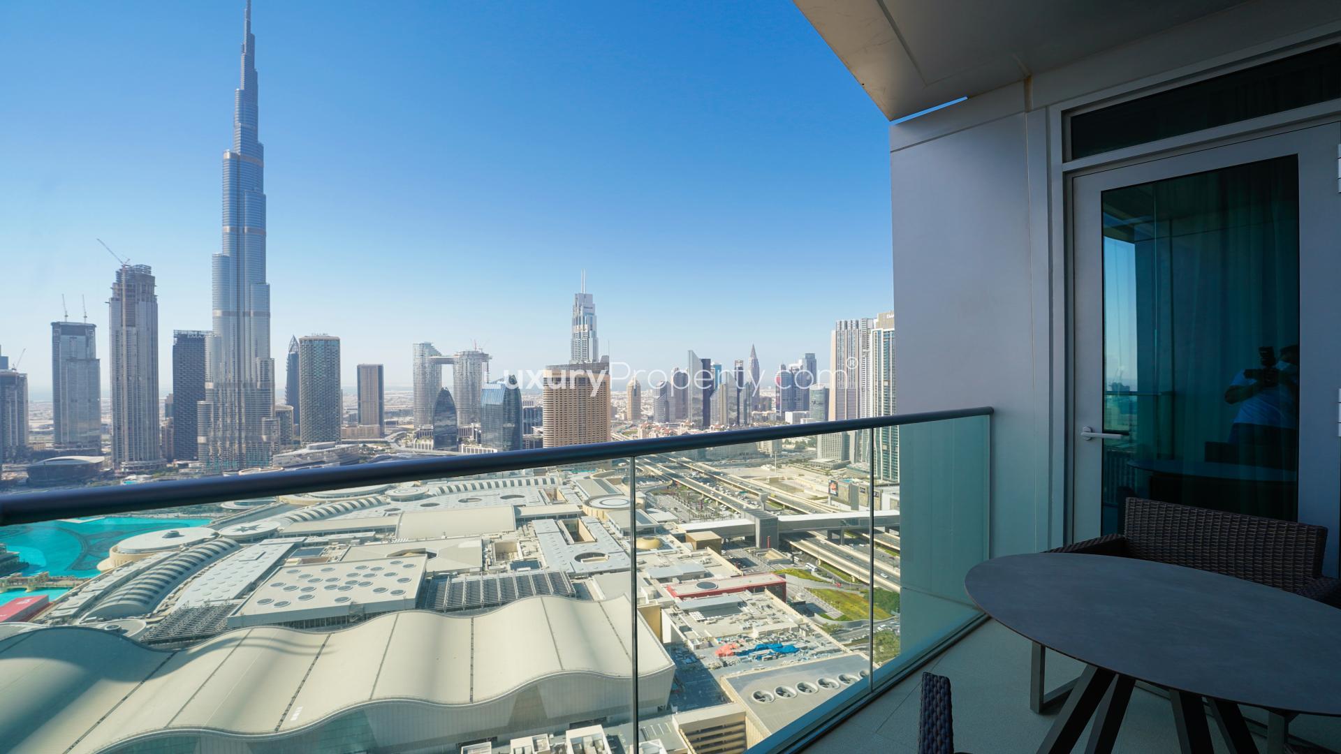 High-floor apartment balcony view of Burj Khalifa and Dubai Fountain, Downtown Dubai
