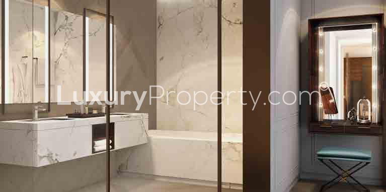"Stunning view from The Address Residences apartment balcony in Downtown Dubai at sunset.",Luxurious bathroom in modern 3-bedroom apartment, The Address Residences Dubai Opera, Downtown Dubai