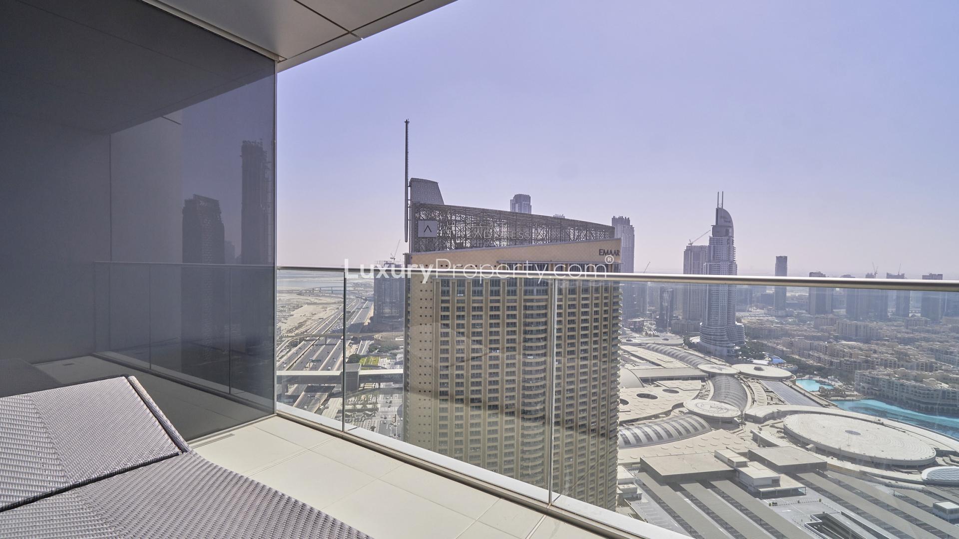 Luxurious living room in Downtown Dubai apartment with stunning city view and elegant decor