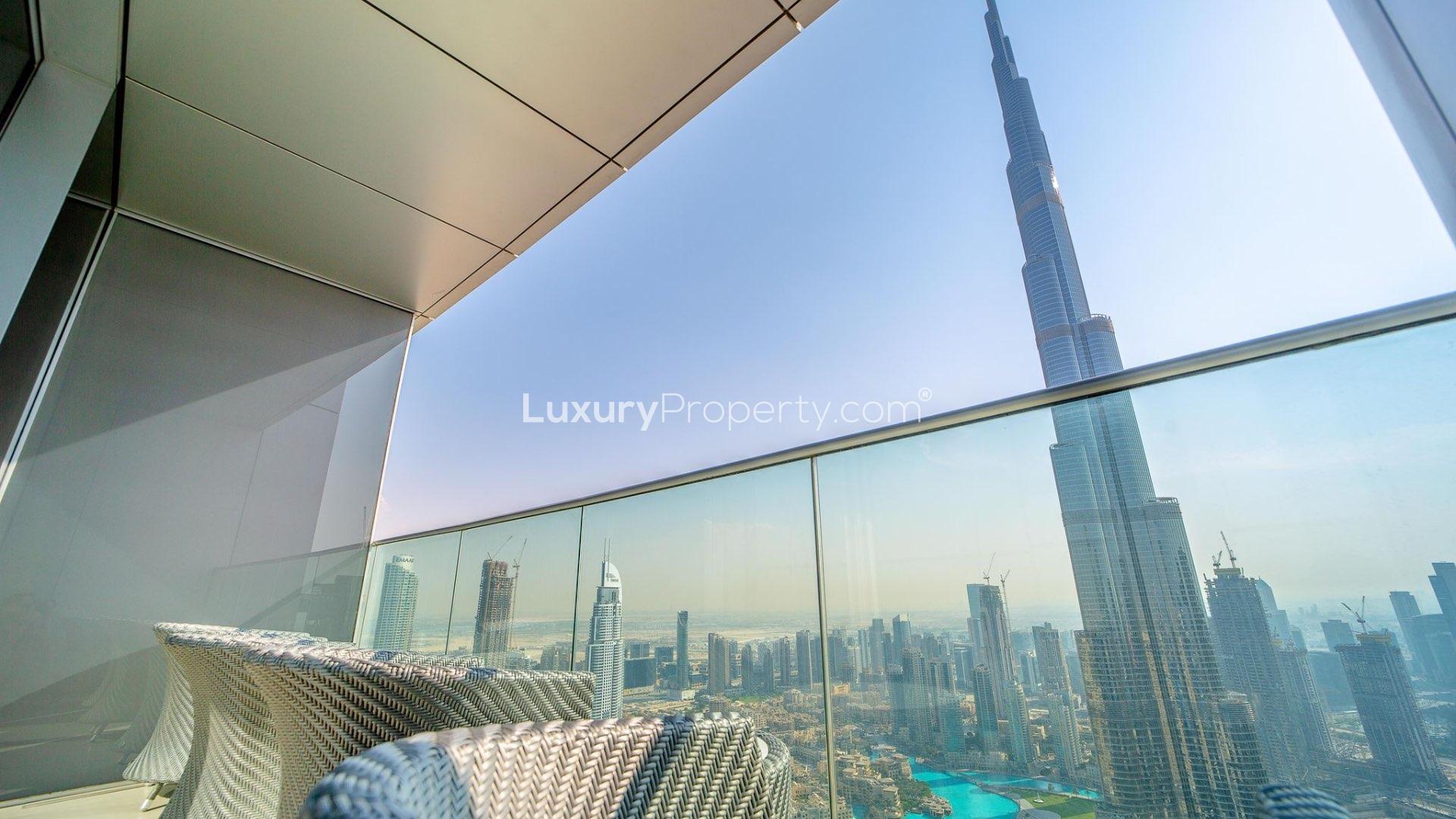 Balcony view of Burj Khalifa from luxury apartment in Downtown Dubai, The Address The BLVD