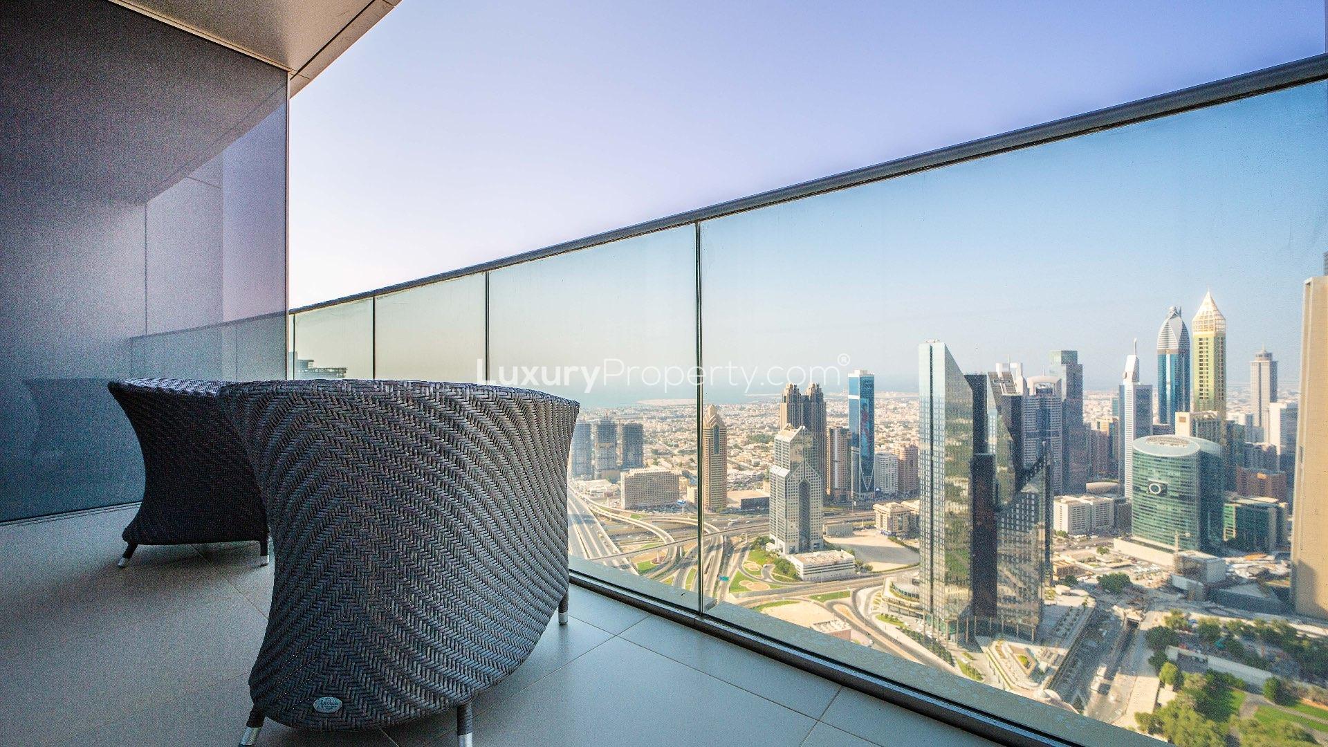 Balcony view from luxury apartment overlooking Burj Khalifa in Downtown Dubai, The Address The BLVD