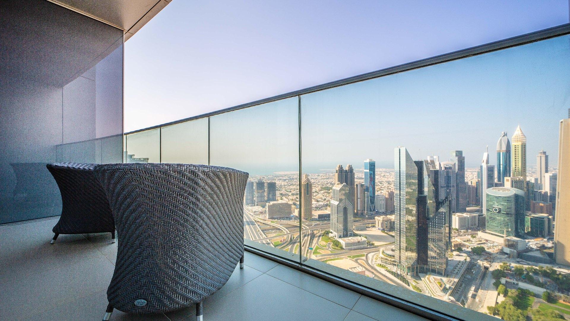 Balcony view from luxury apartment overlooking Burj Khalifa in Downtown Dubai, The Address The BLVD