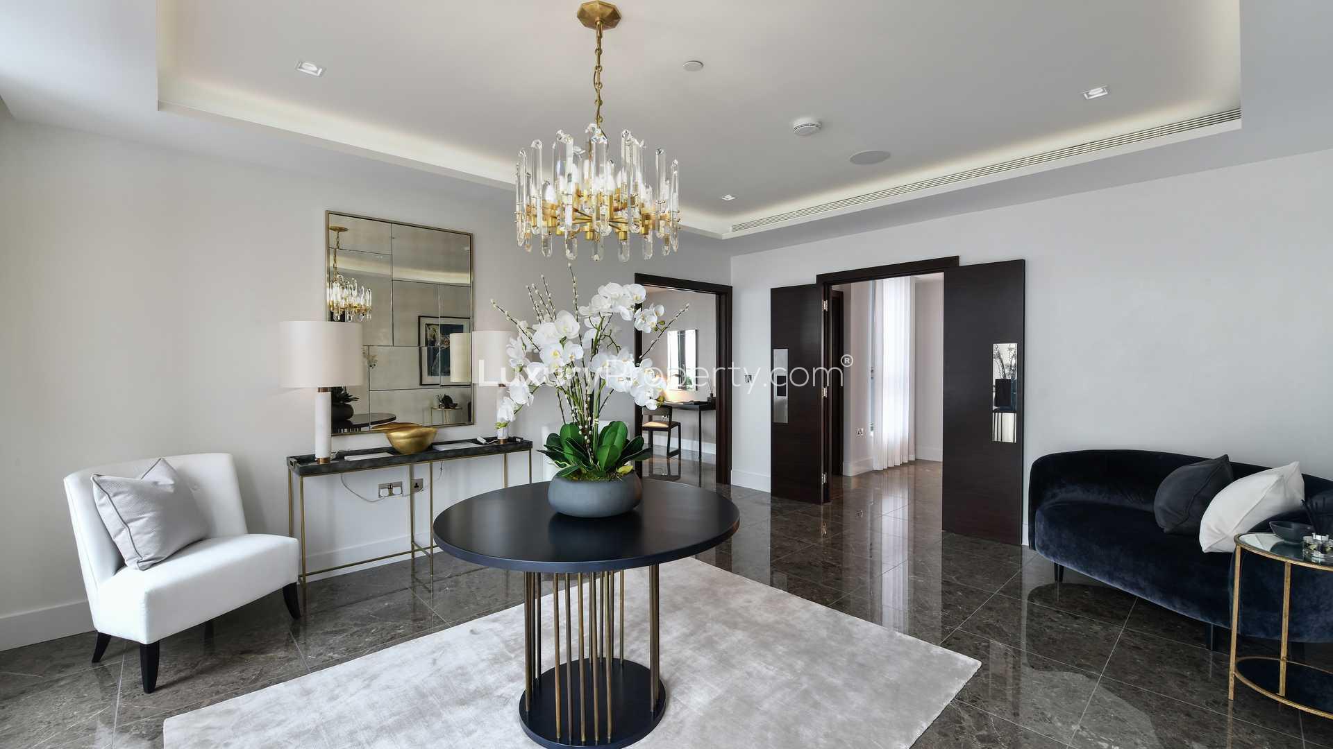 Luxurious apartment terrace with London skyline view at The Corniche, South Bank