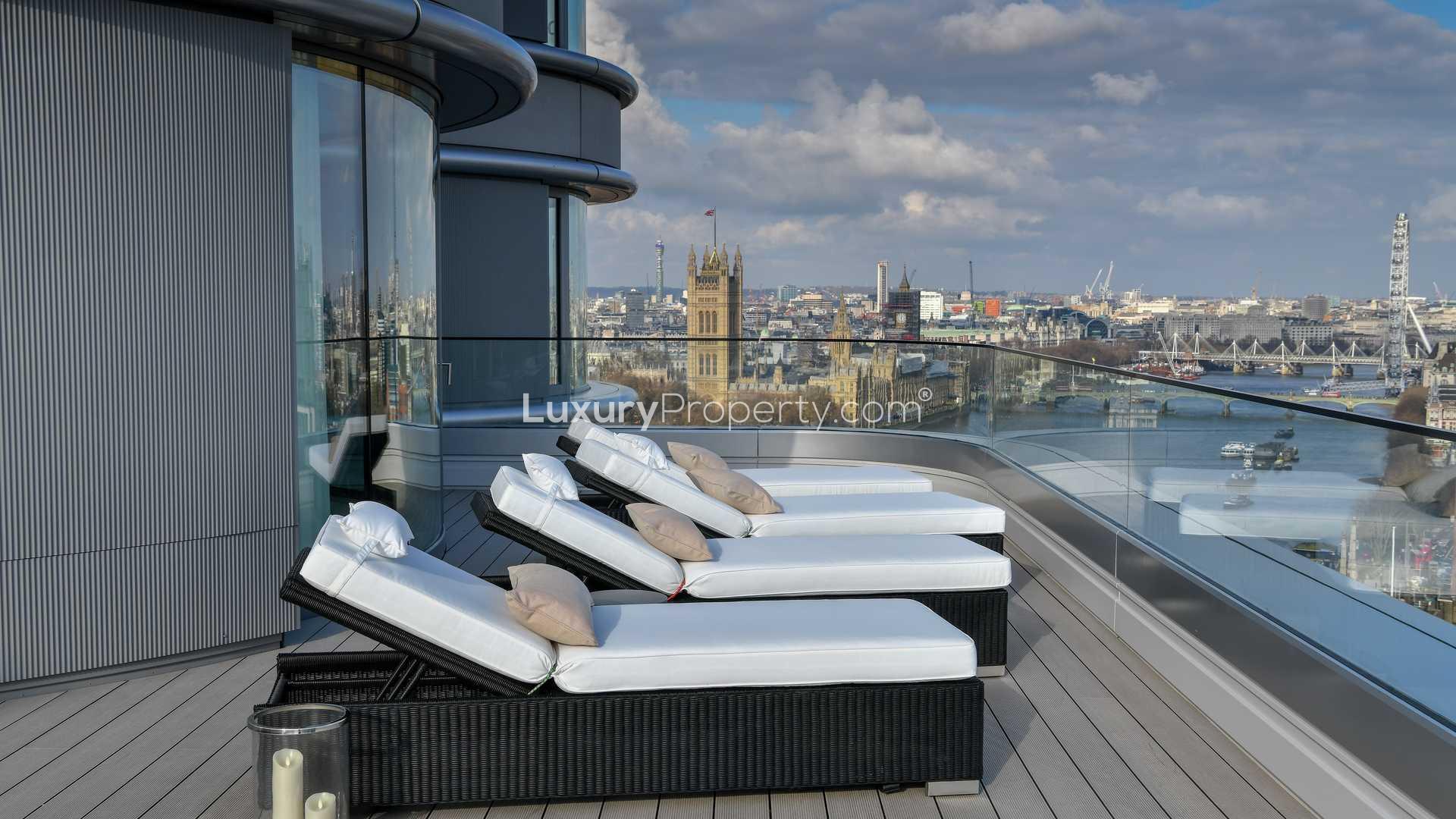 Aerial view of London skyline near The Corniche, South Bank, featuring iconic landmarks