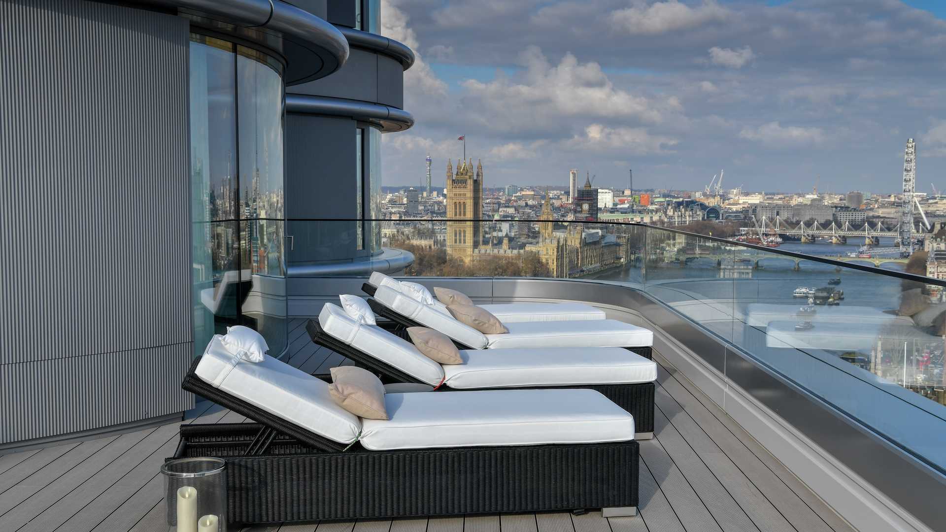 Aerial view of London skyline near The Corniche, South Bank, featuring iconic landmarks