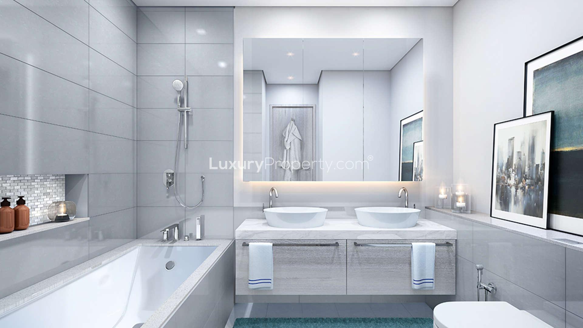 Elegant bedroom with city skyline view in The Cove, Dubai Creek Harbour apartment