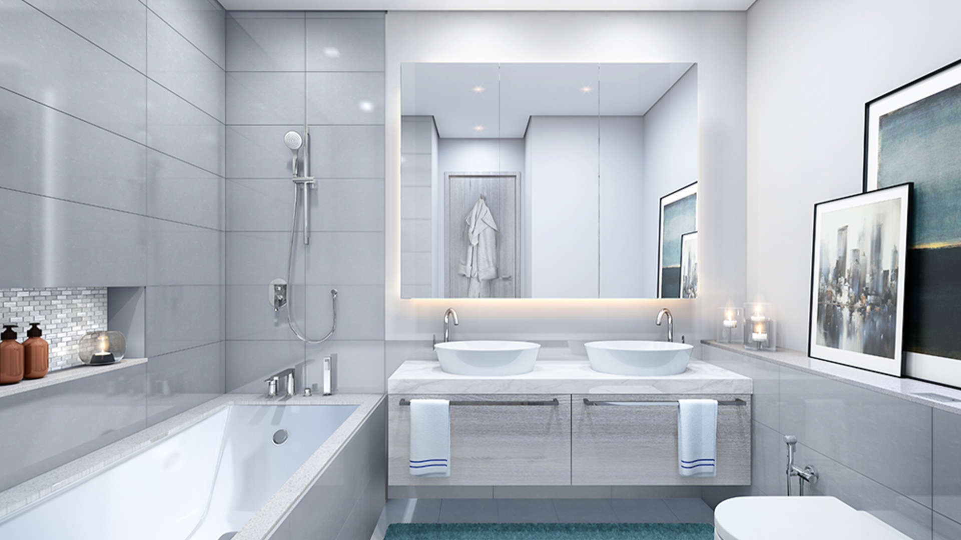 Elegant bedroom with city skyline view in The Cove, Dubai Creek Harbour apartment