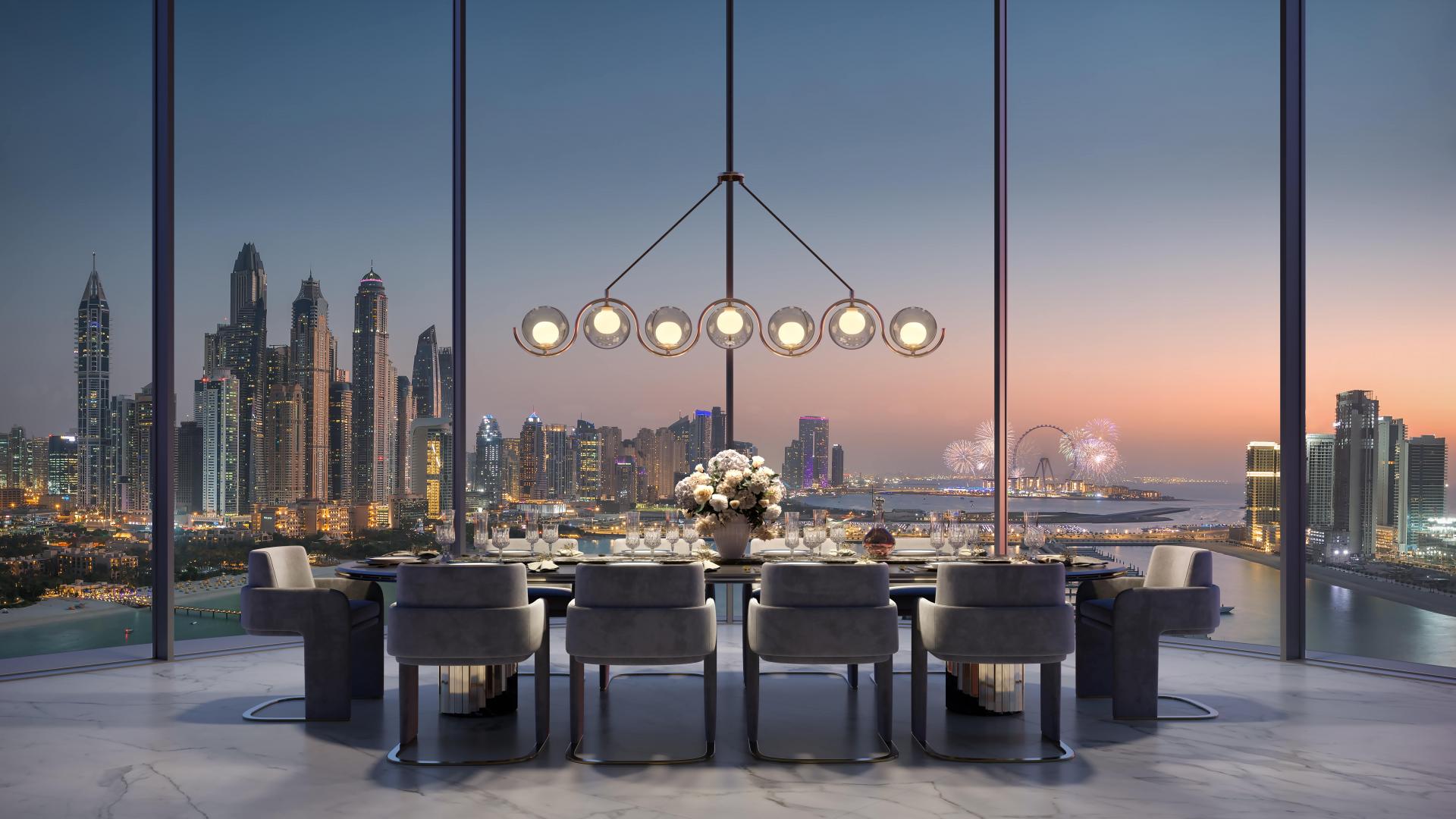 Entrance view of luxury penthouse at AVA, Palm Jumeirah, overlooking Dubai skyline