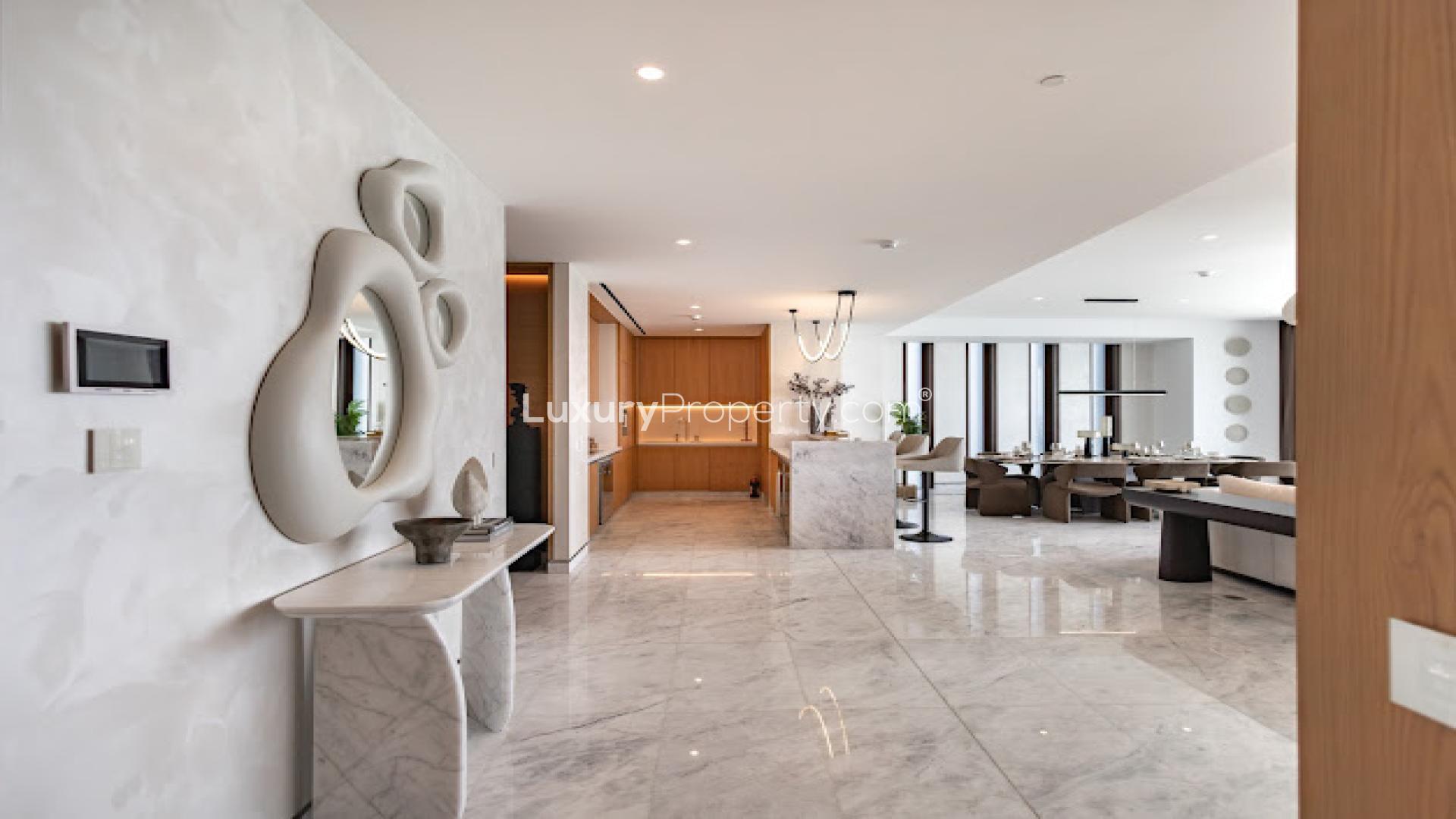 Luxurious living room in upgraded Palm Jumeirah apartment with stunning ocean views