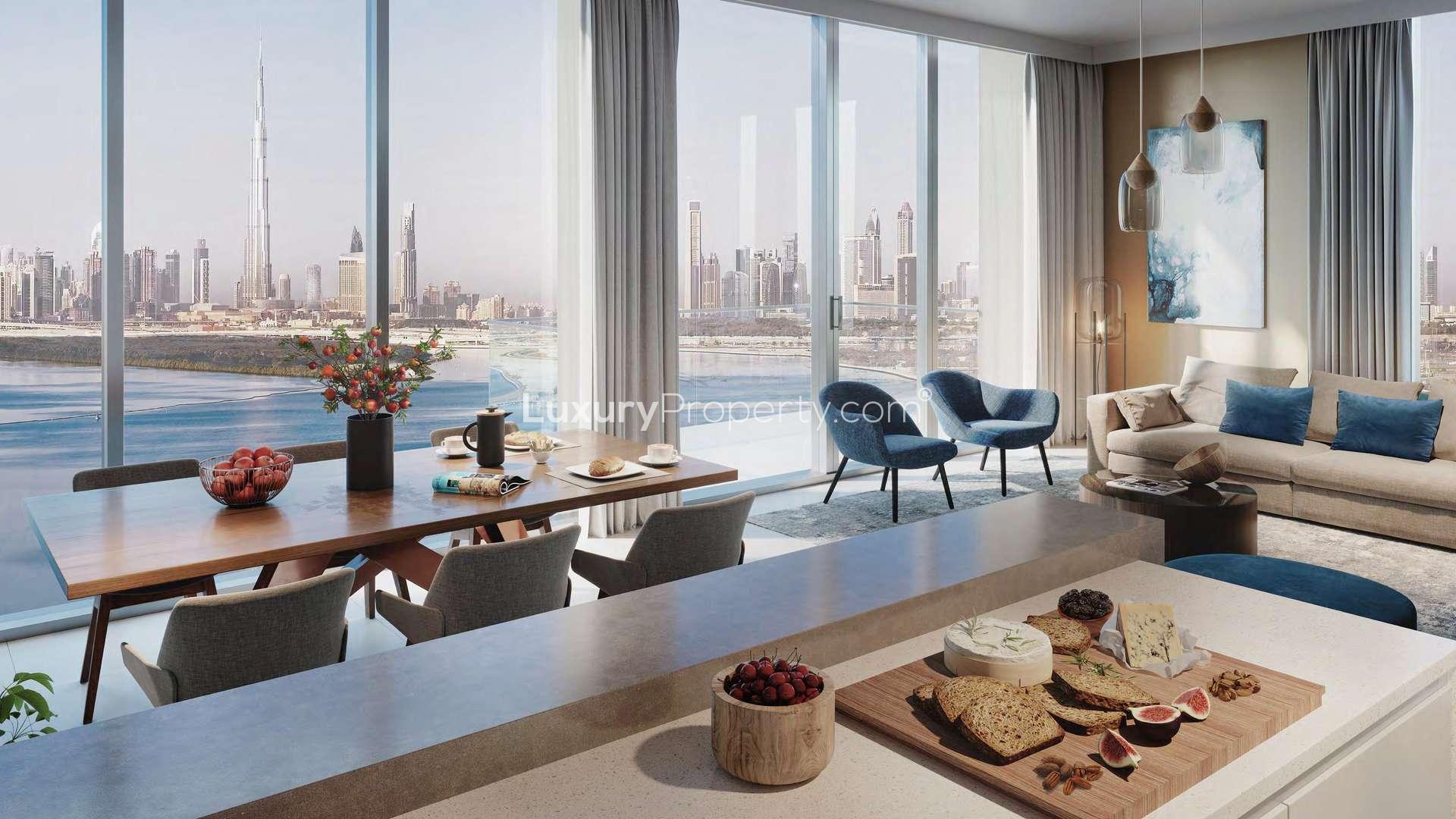 Luxurious waterfront apartment interior with stunning Dubai skyline view, The Grand, Dubai Creek Harbour