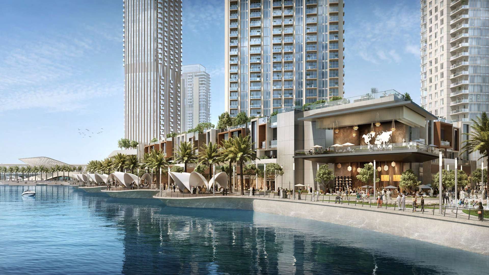 "Stunning waterfront view of The Grand, Dubai Creek Harbour apartment for sale, skyline backdrop.",Waterfront view of The Grand, Dubai Creek Harbour, showcasing luxury apartments and vibrant promenade