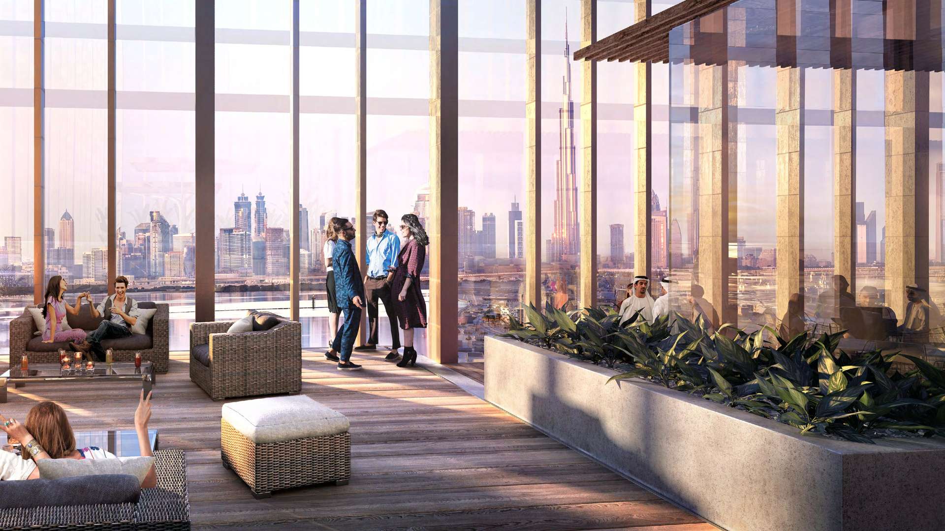 Luxurious living room with city skyline view at The Grand, Dubai Creek Harbour