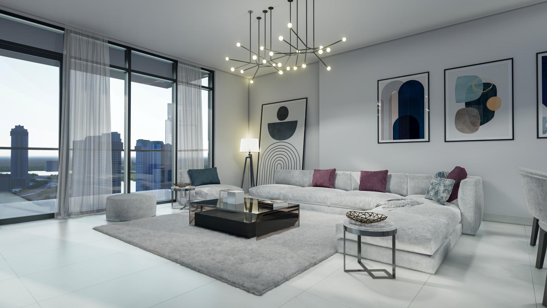 Aerial view of Paragon Residence apartment complex in Business Bay, featuring pool and gardens