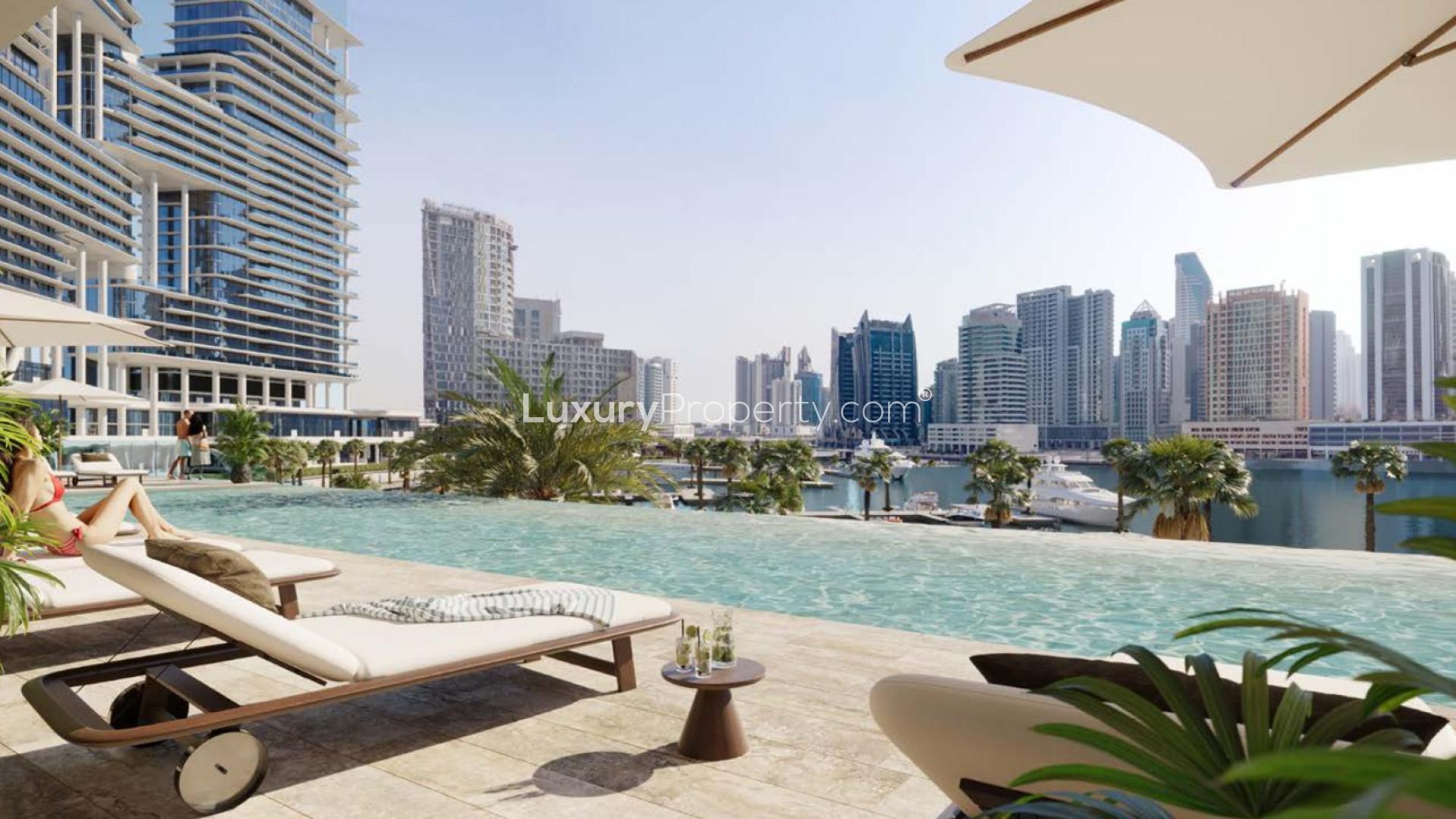 High-floor apartment terrace with pool and city view at The Vela Dorchester Collection
