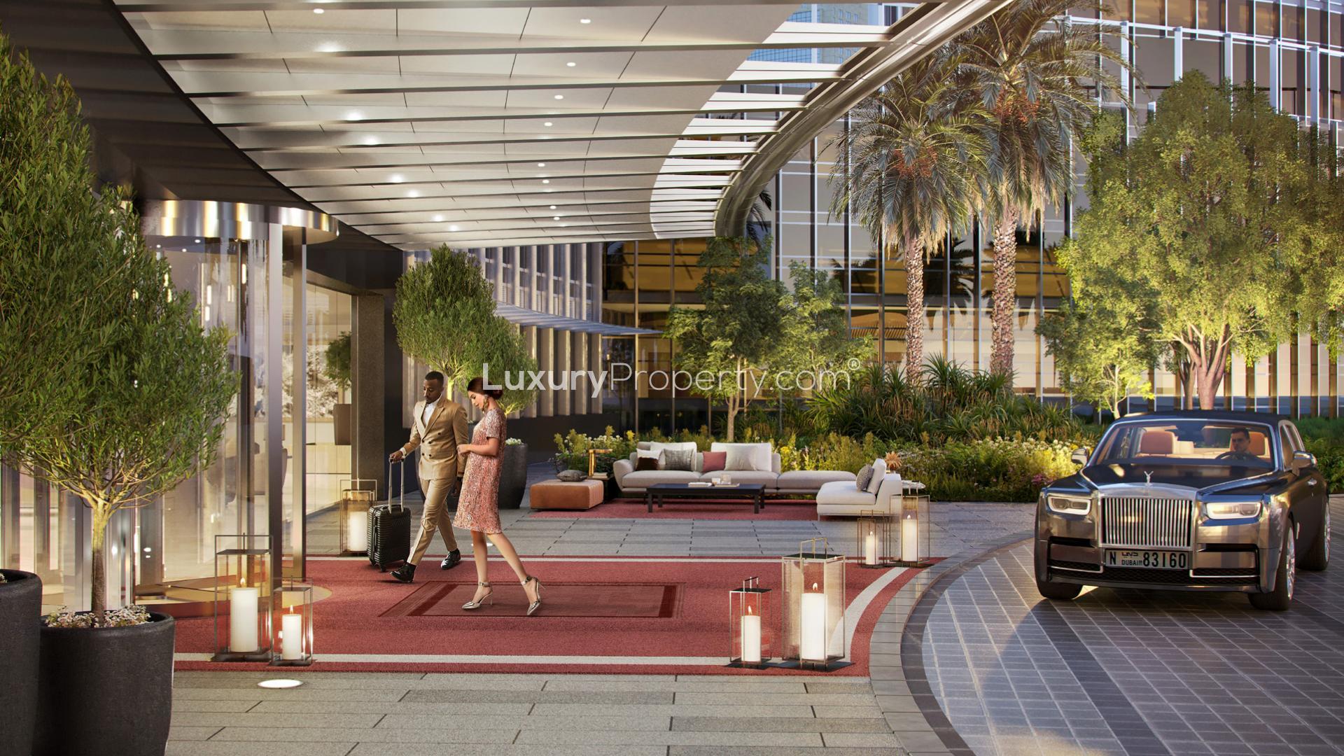 Luxury apartment terrace with Downtown Dubai and fountain views at night, Burj Khalifa Area