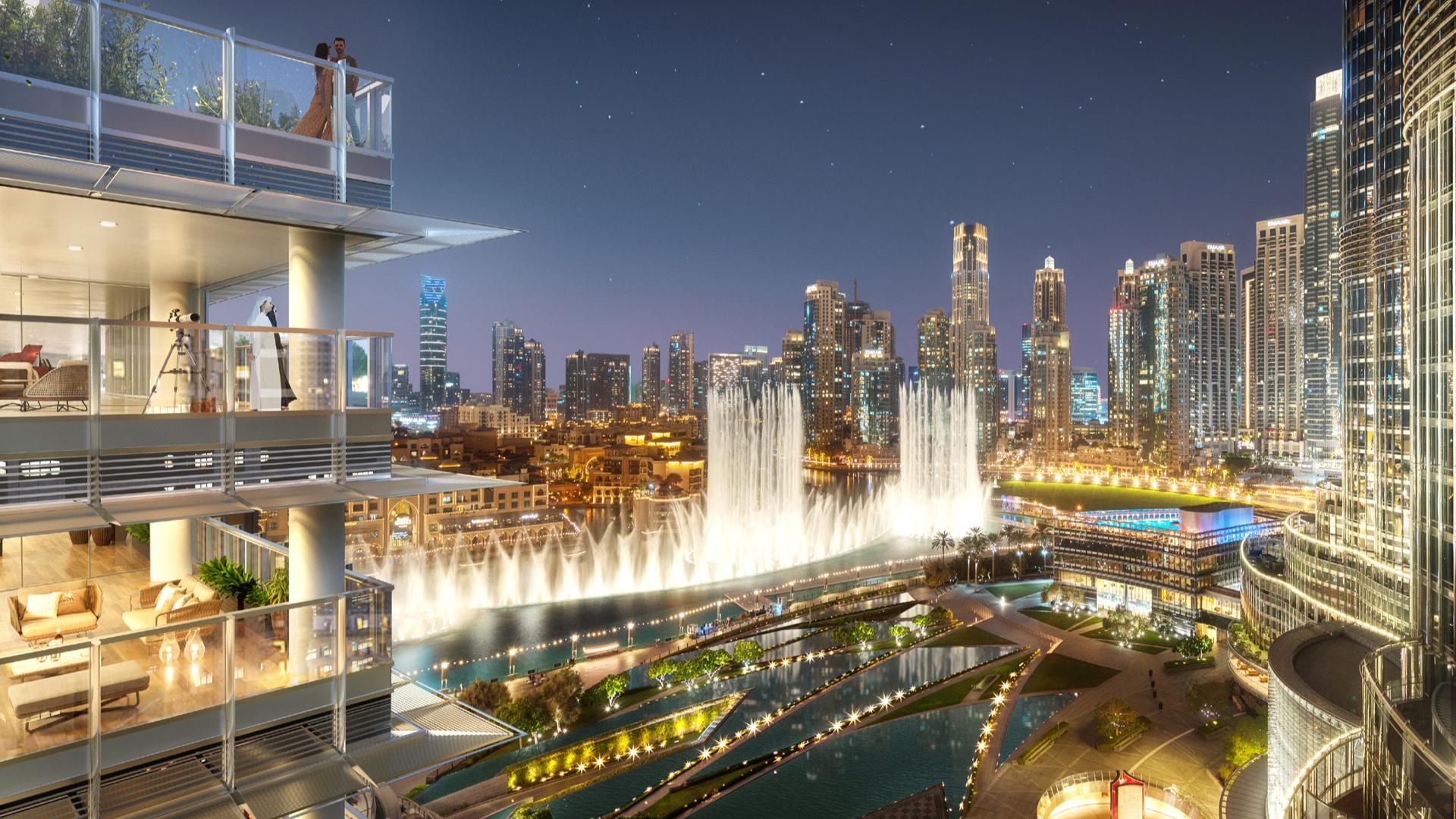 Luxurious living room in Downtown Dubai apartment with elegant decor and city views