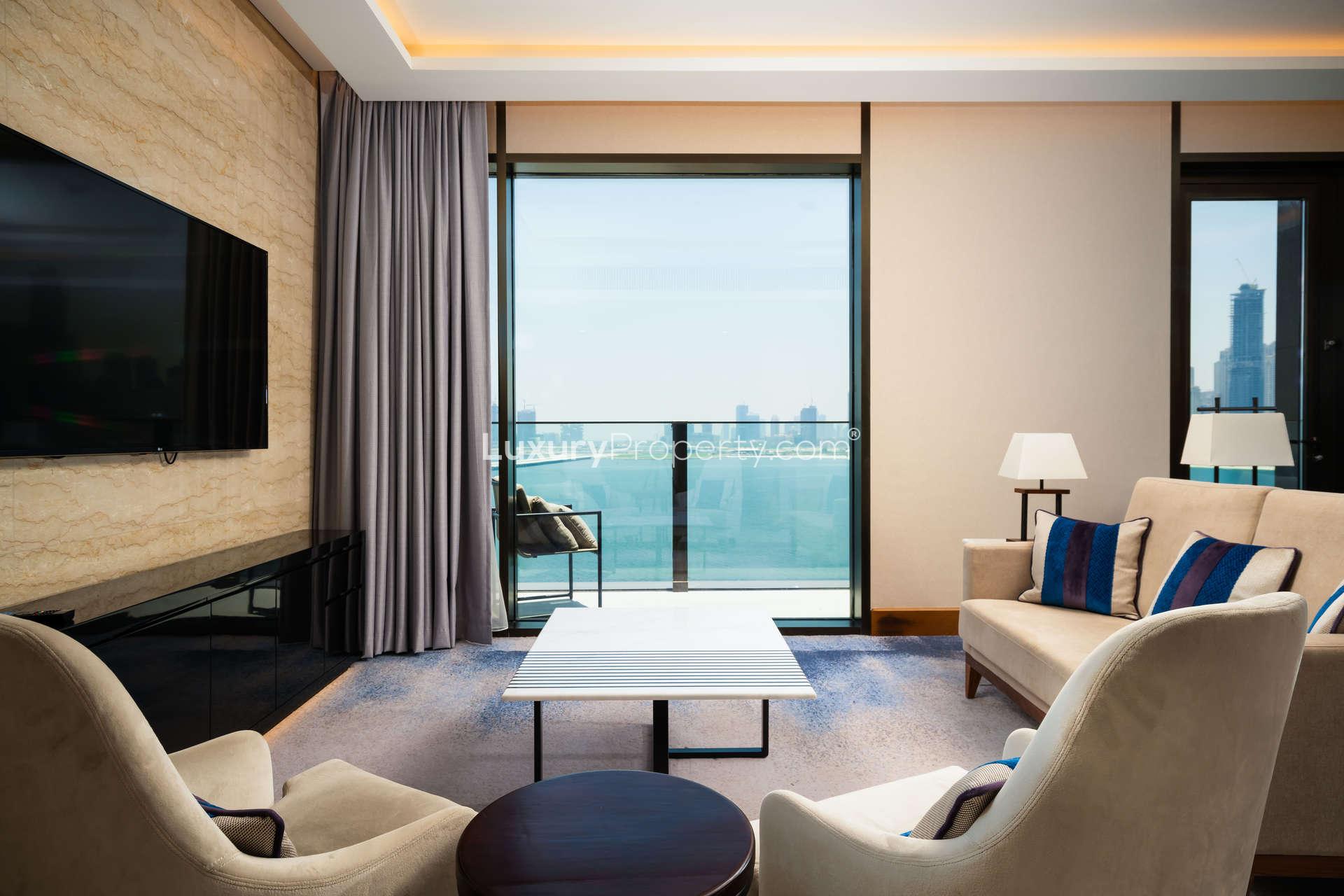 Luxurious living room in 3-bedroom apartment, Bluewaters, Caesars Resort, Dubai, with sea view