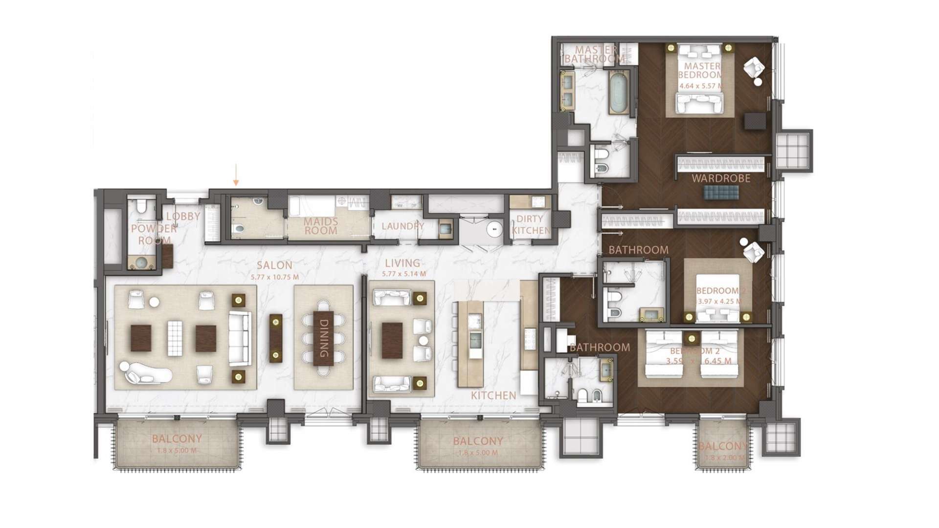 Floor plan of 3-bedroom apartment at The Ritz-Carlton, Amman, with spacious living areas