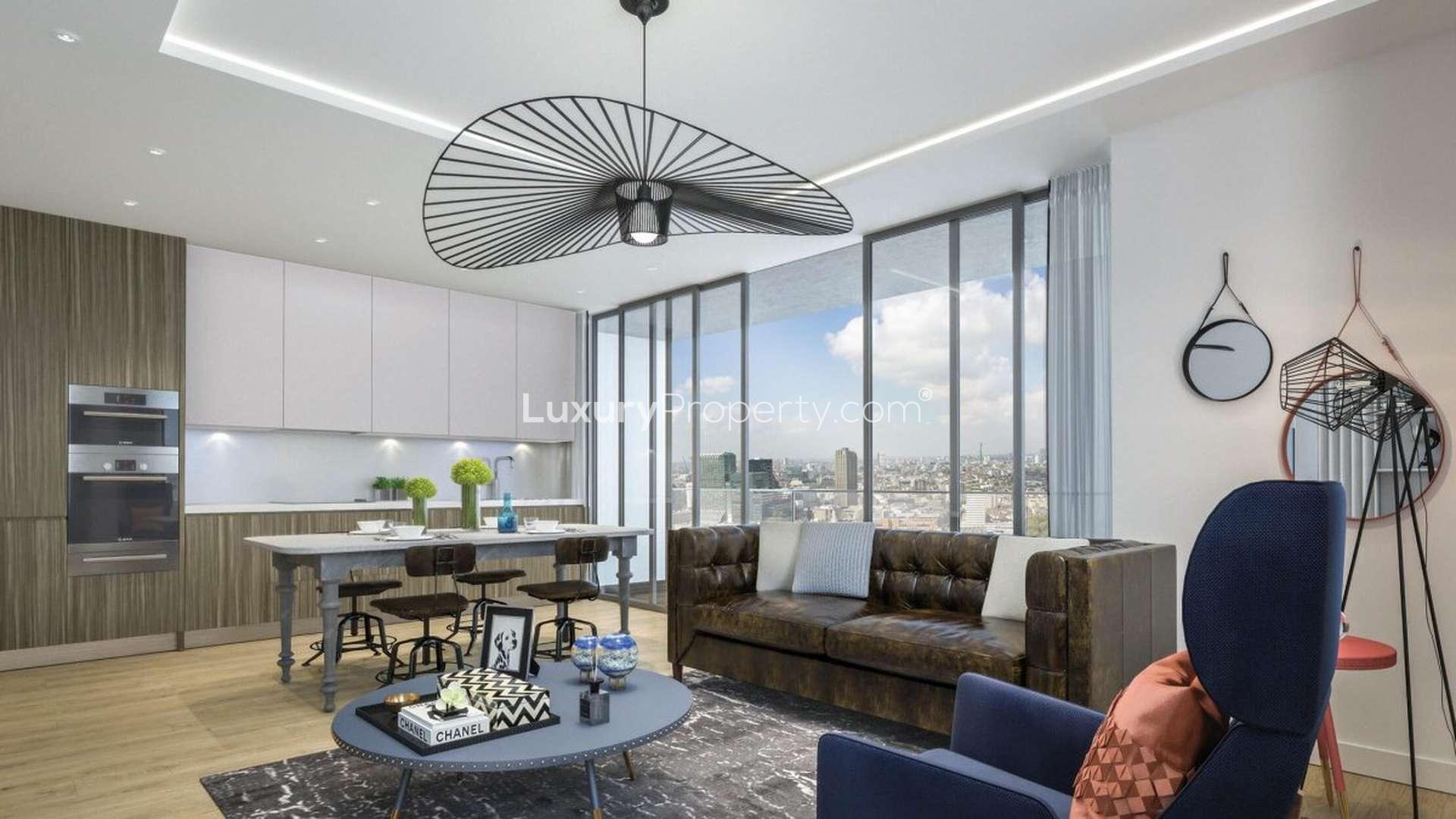 Modern furnished living room in The Stage, Shoreditch apartment with city view balcony