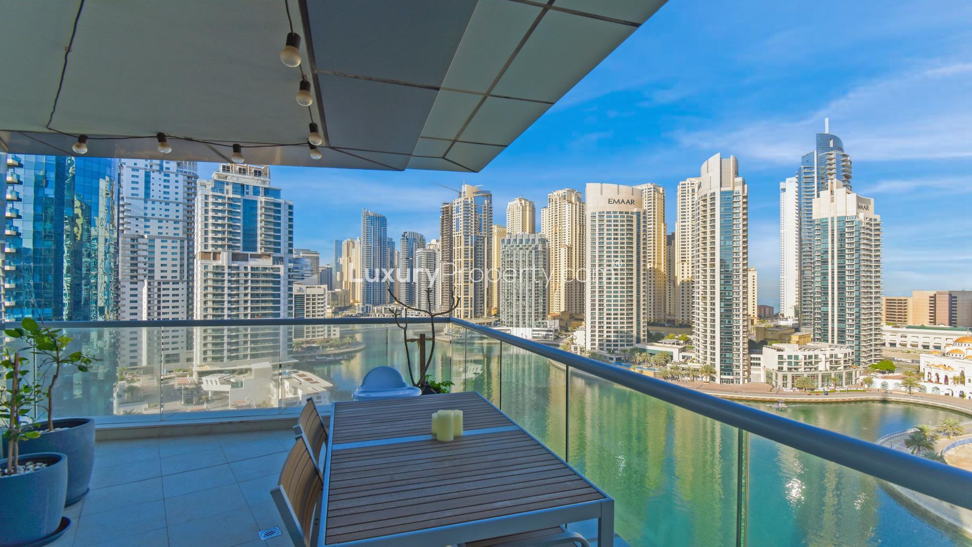Upgraded 3-bedroom apartment living room with marina view in Trident Bayside, Dubai Marina