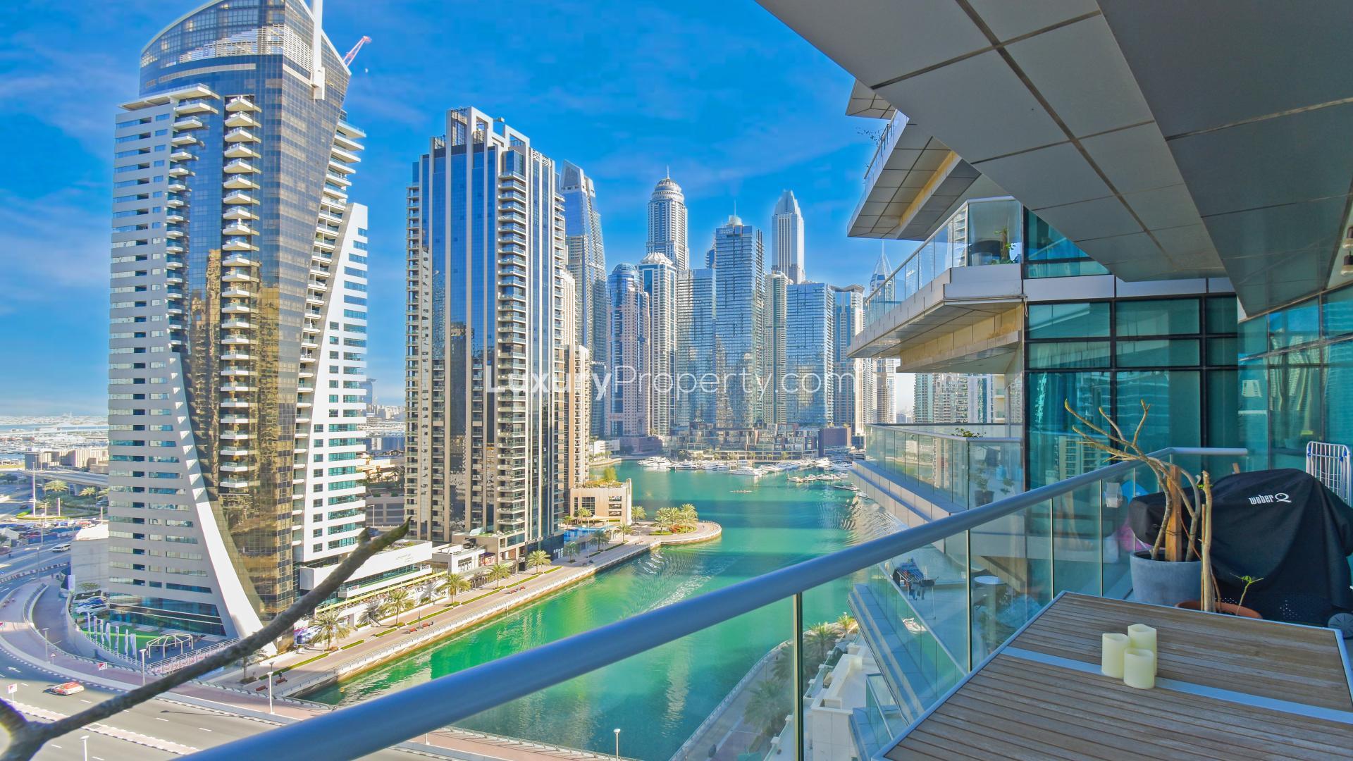 Elegant living room in 3-bedroom apartment, Trident Bayside, Dubai Marina, with city view