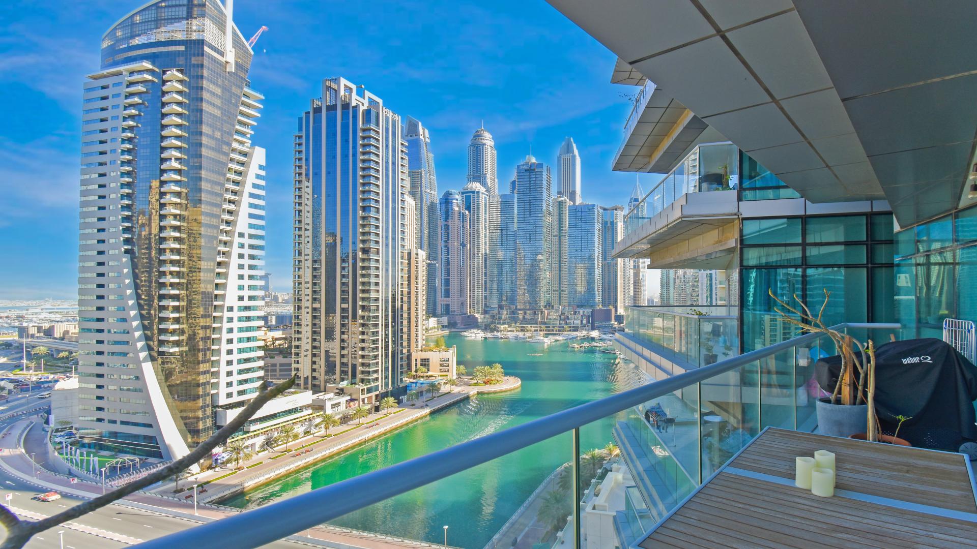 Elegant living room in 3-bedroom apartment, Trident Bayside, Dubai Marina, with city view