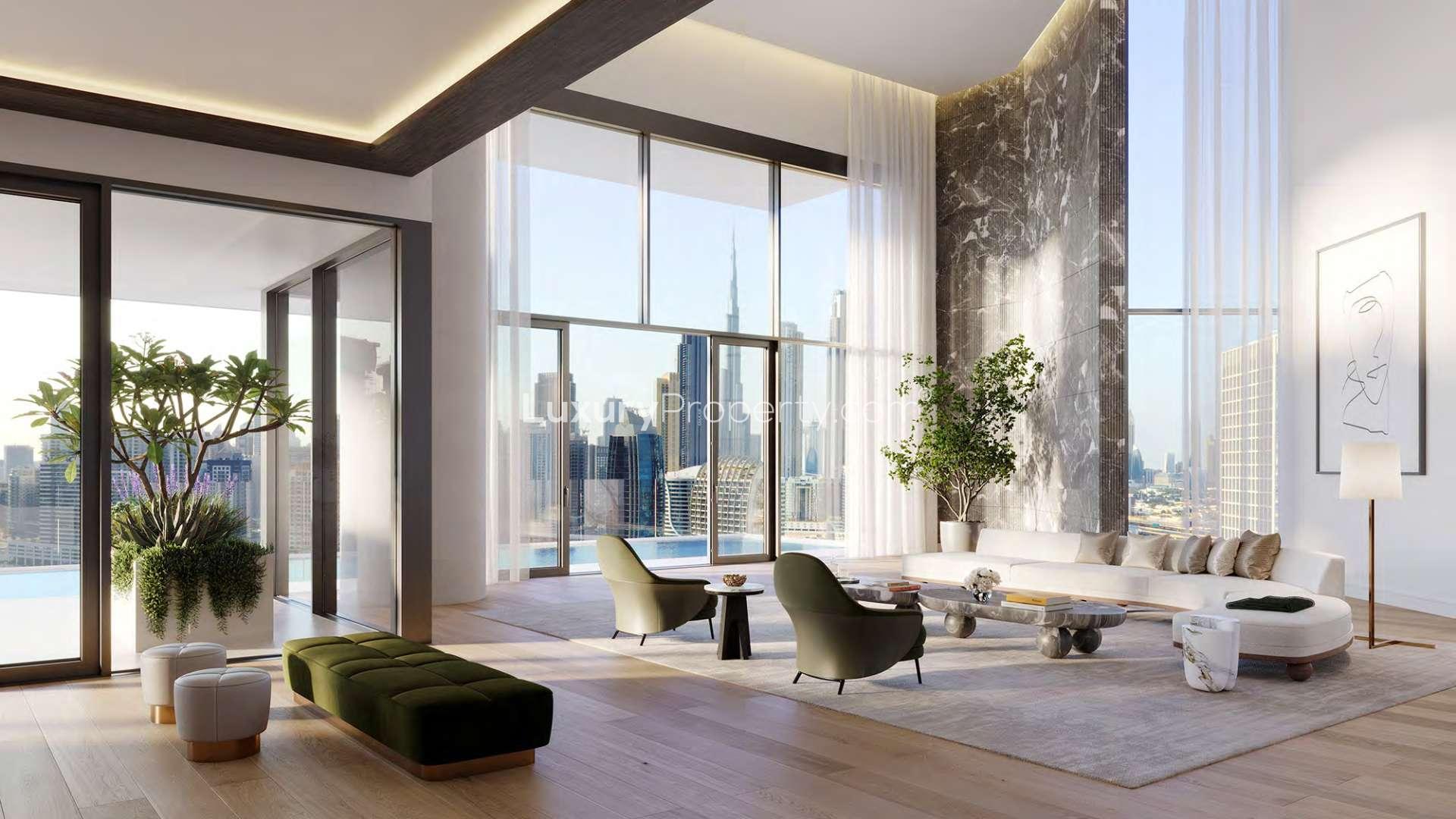Luxurious living room with city view in Vela Dorchester Collection, Business Bay apartment