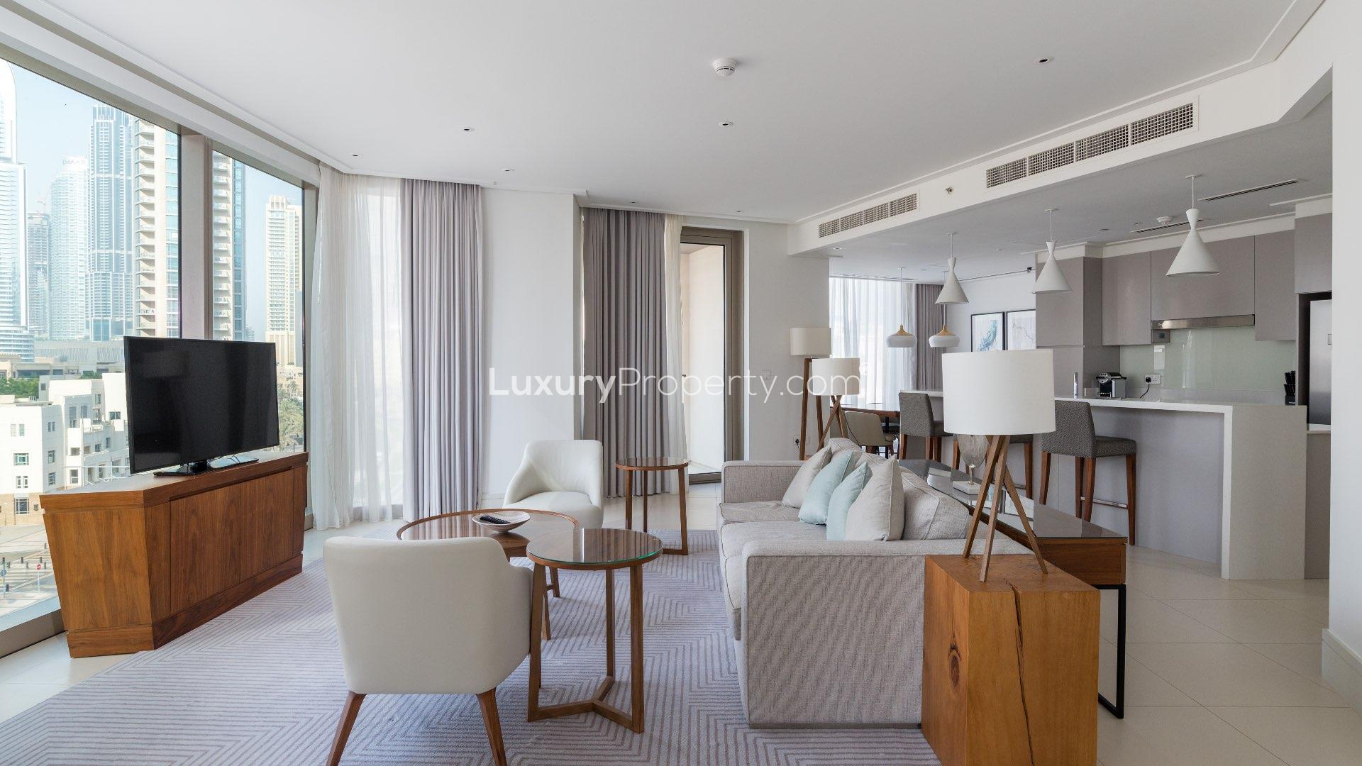 Fully furnished living room in 3-bedroom apartment, Vida Residences Downtown Dubai, for sale