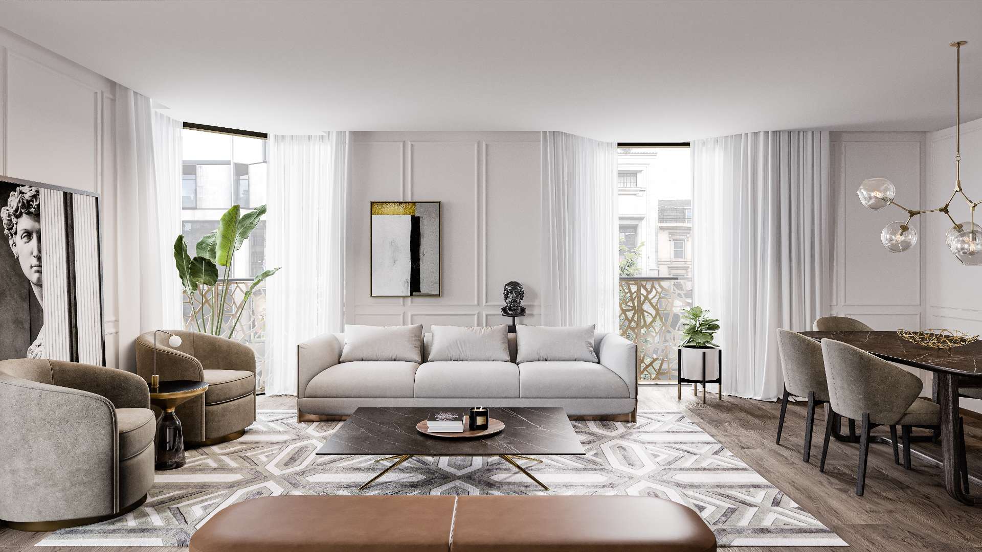 Modern living room in W1 Place apartment, London, featuring elegant decor and natural light