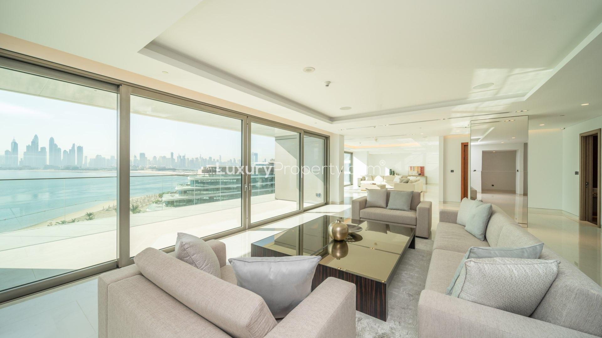Top-floor apartment view of Palm Jumeirah beach and skyline, W Residences, Dubai