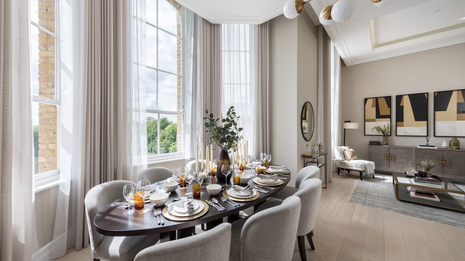 Luxurious bedroom in three-bedroom triplex apartment, Wimbledon Hill, London. Modern decor, elegant design