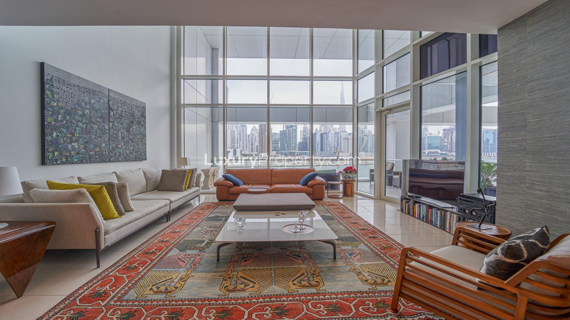 Luxurious apartment living room with waterfront view in Business Bay, West Wharf
