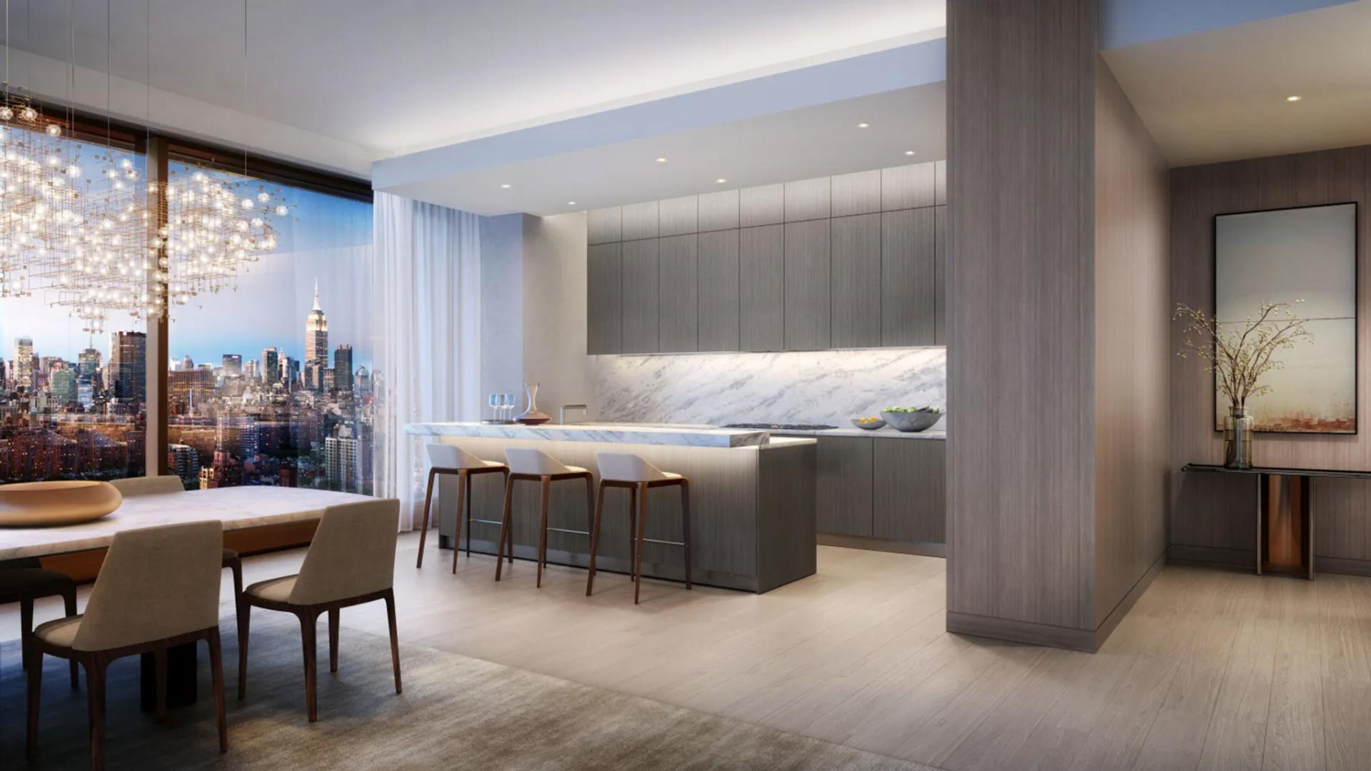 Luxurious dining area in Manhattan condominium, featuring elegant marble table and modern decor