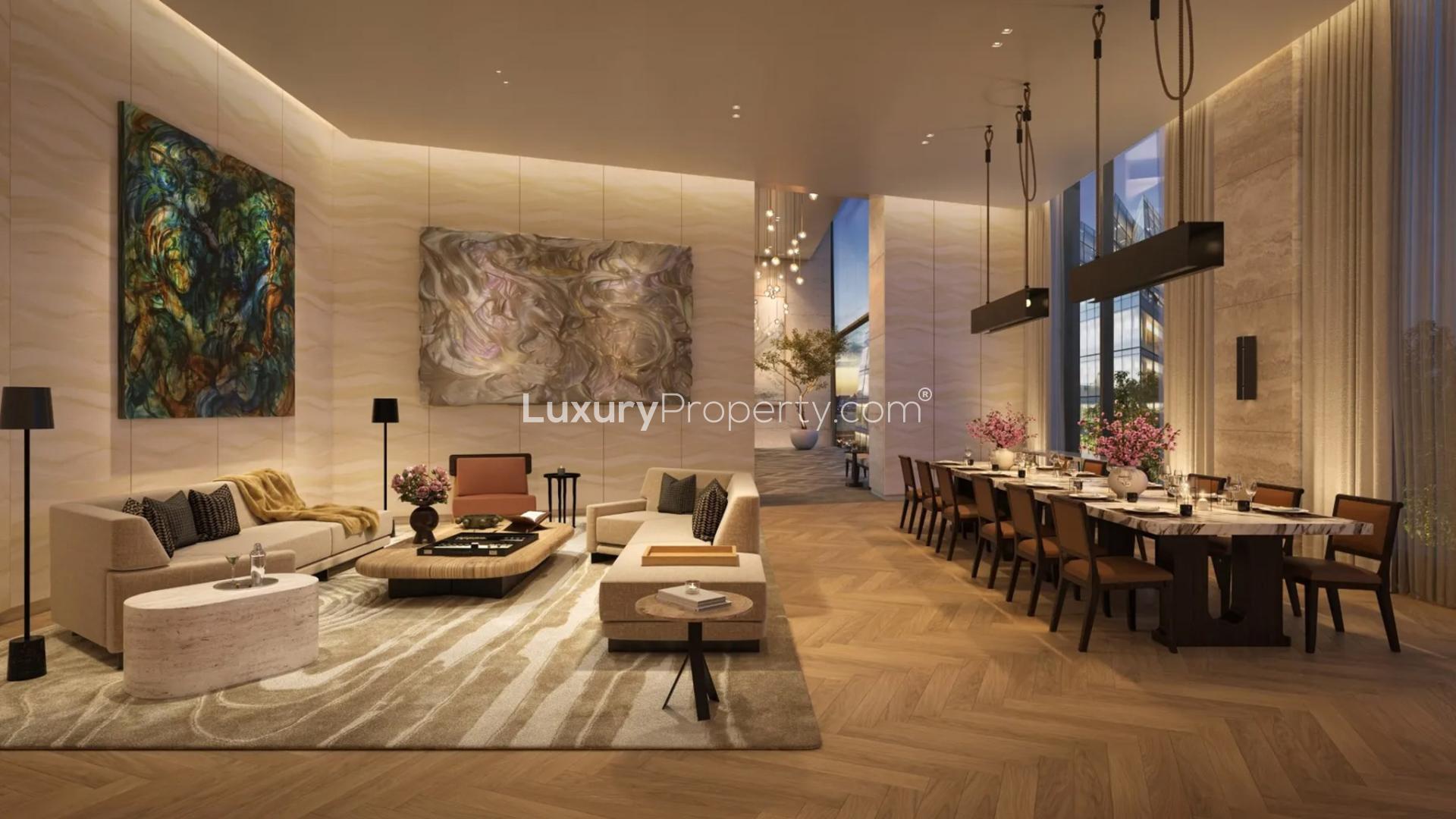 Luxurious Manhattan condo living room with stunning city skyline and river views