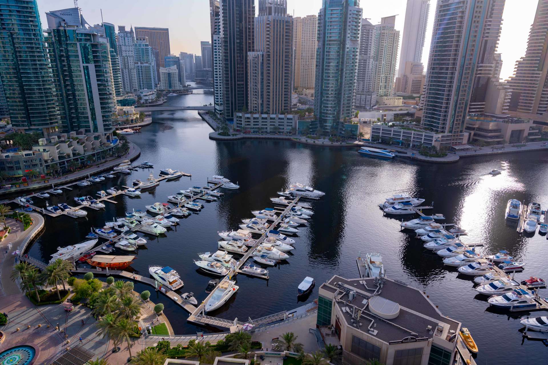 Aerial view of Dubai Marina and yachts from Fairooz Tower penthouse for rent