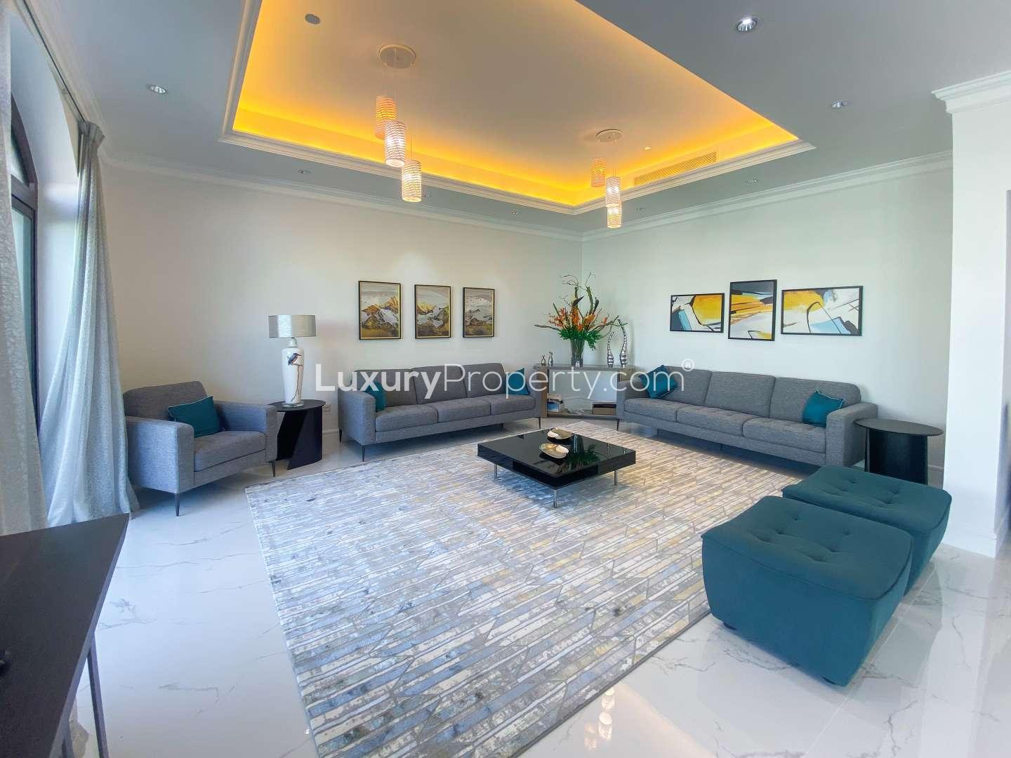 Bathroom in luxurious Palm Jumeirah penthouse, featuring modern fixtures and elegant decor