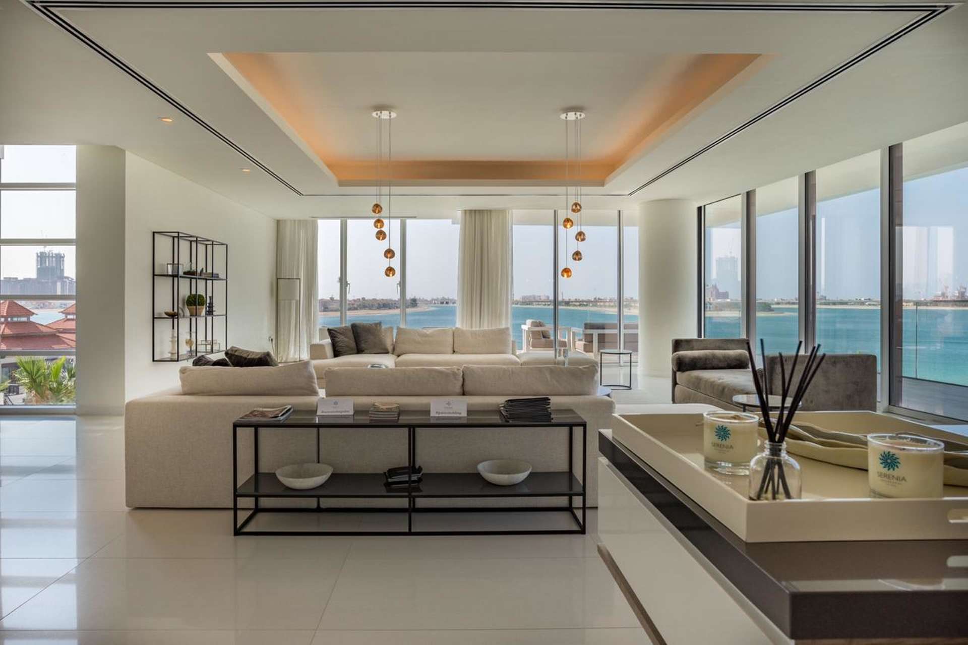 Luxurious living room in Serenia Residences penthouse, Palm Jumeirah, with stunning sea views