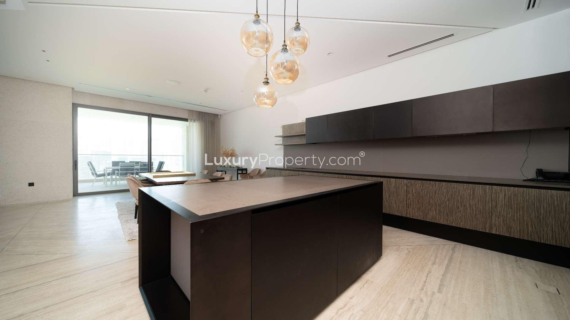 Luxurious living and dining area in Volante penthouse, Business Bay, with Burj Khalifa views