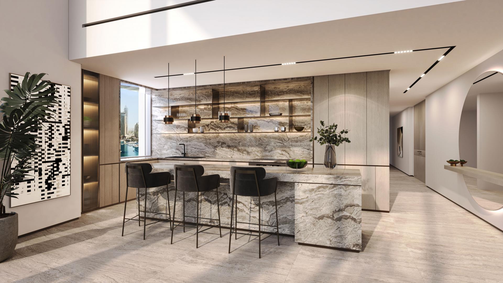 Duplex penthouse terrace with panoramic Dubai Marina views, modern seating, and lush greenery