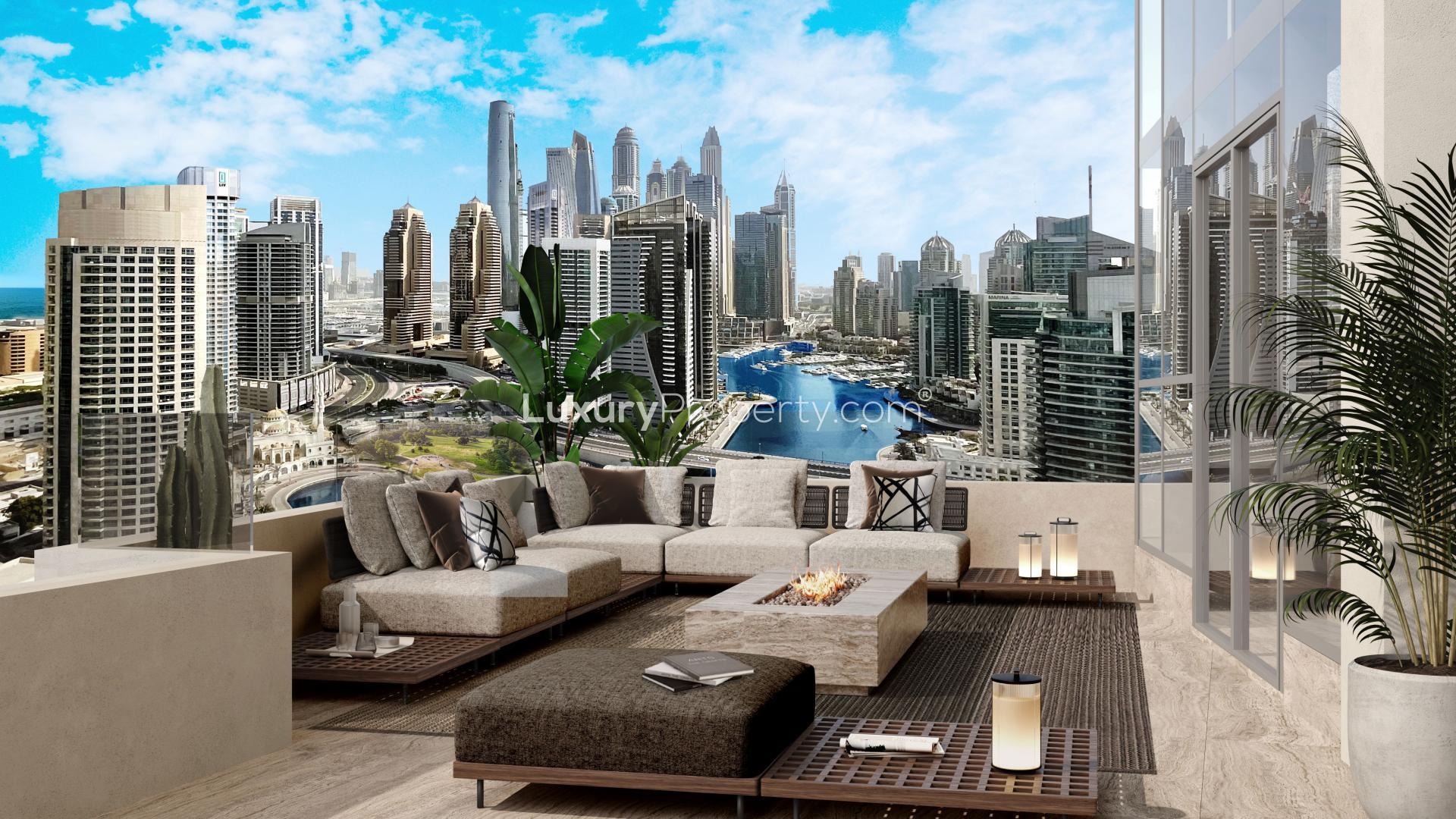Luxurious duplex penthouse living room with marina views, LIV Waterside, Dubai Marina